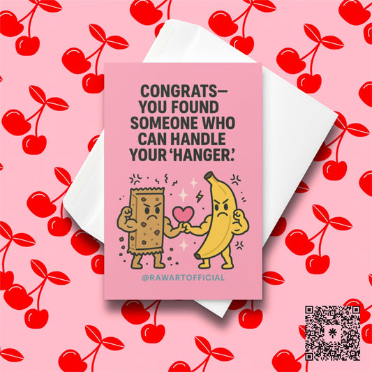 Cute pink wedding card with angry banana and granola bar holding a heart, hanger humor illustration.