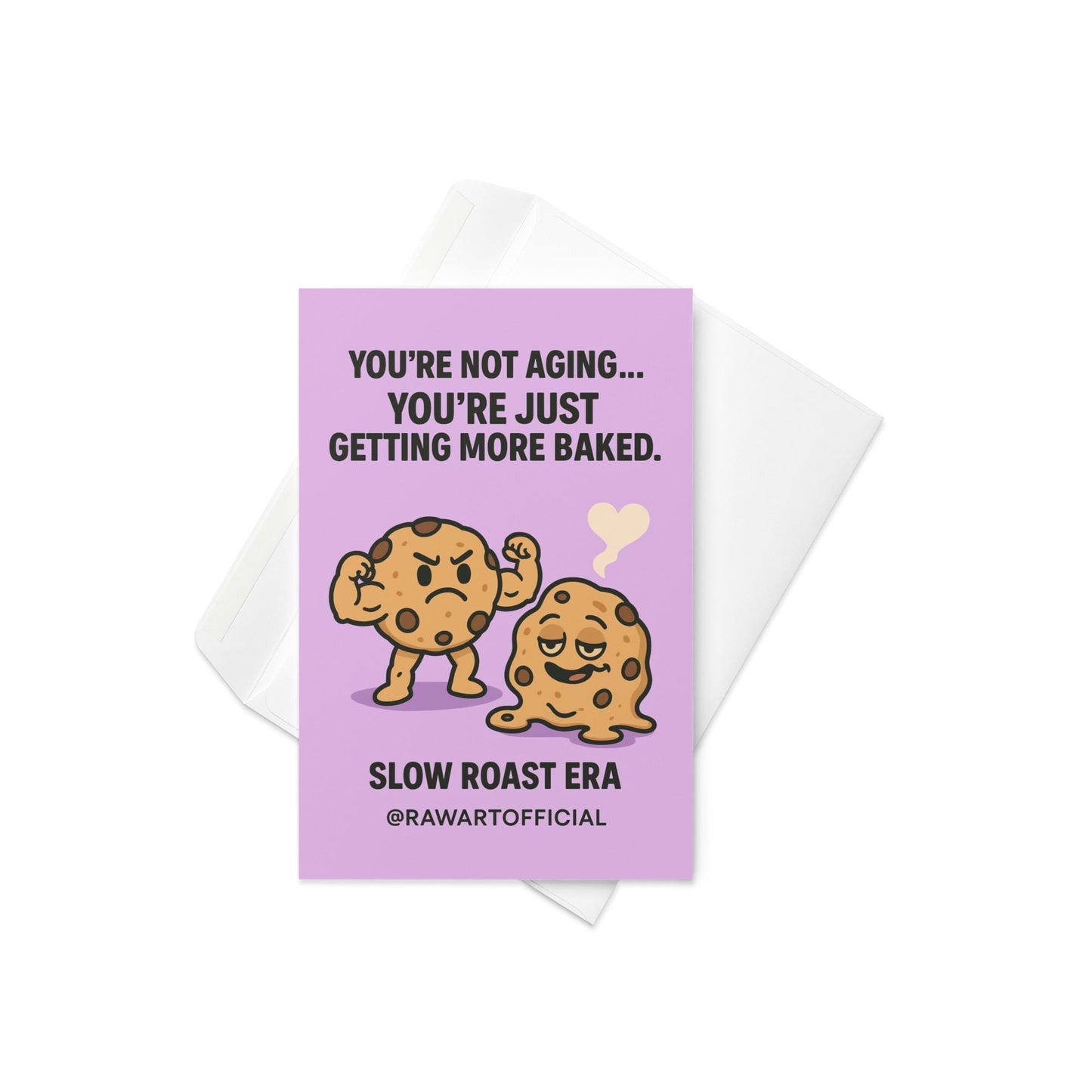 Cartoon buff cookie and melted cookie with heart smoke on purple background, funny stoner birthday card by @rawartofficial.