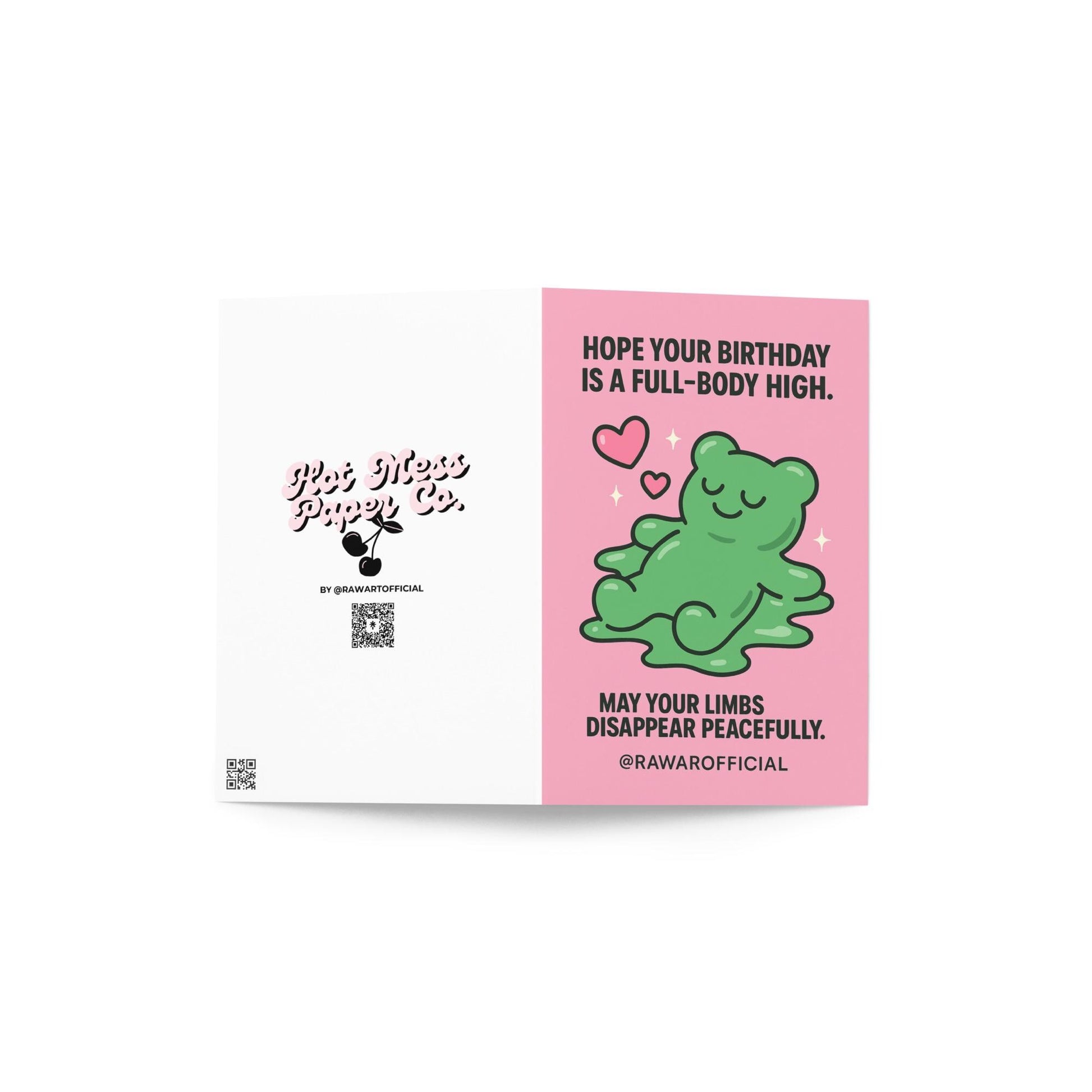 Green melty gummy bear smiling with hearts on pink background, funny stoner birthday card.