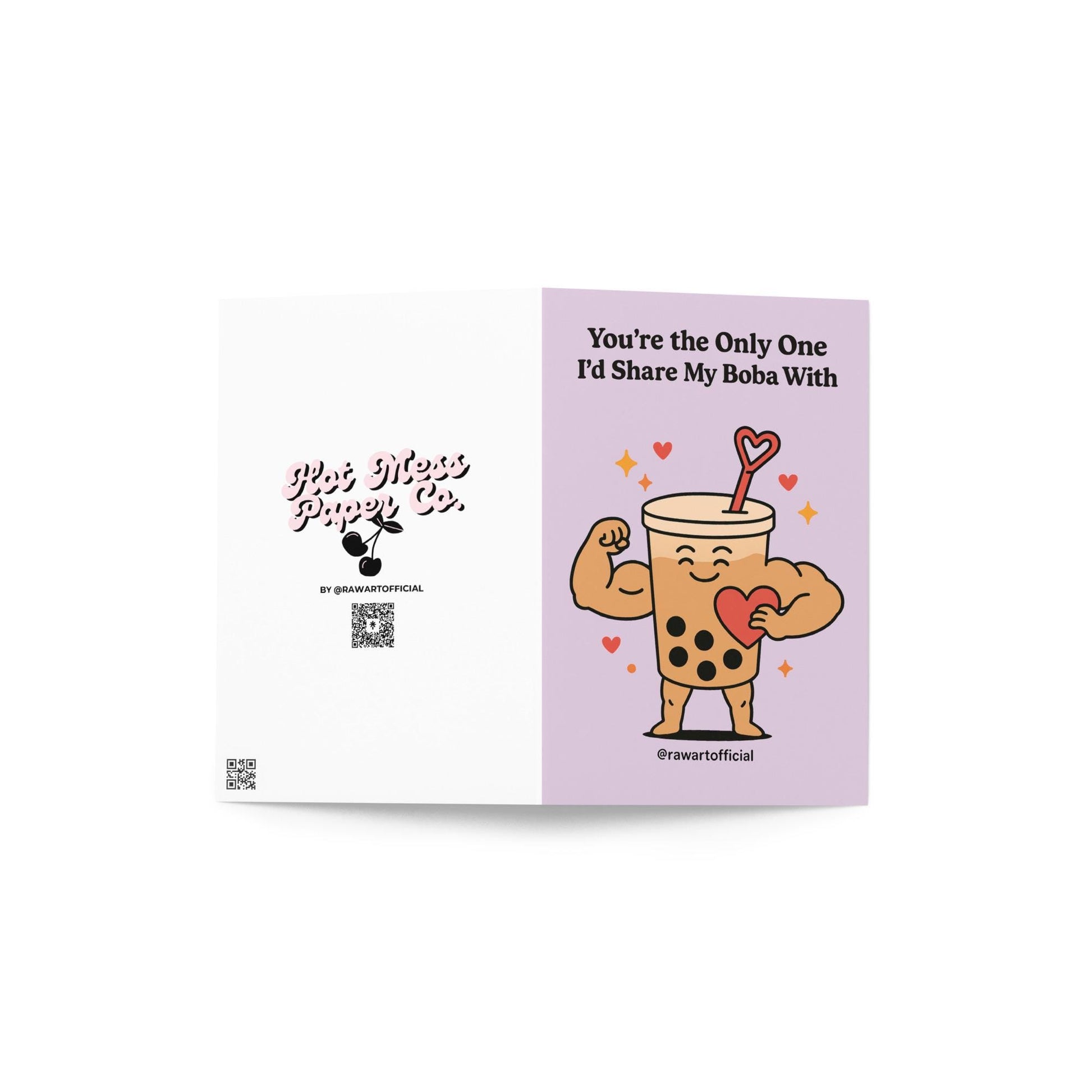 Muscular kawaii boba tea character holding a heart, cute pastel Valentine card by @rawartofficial.