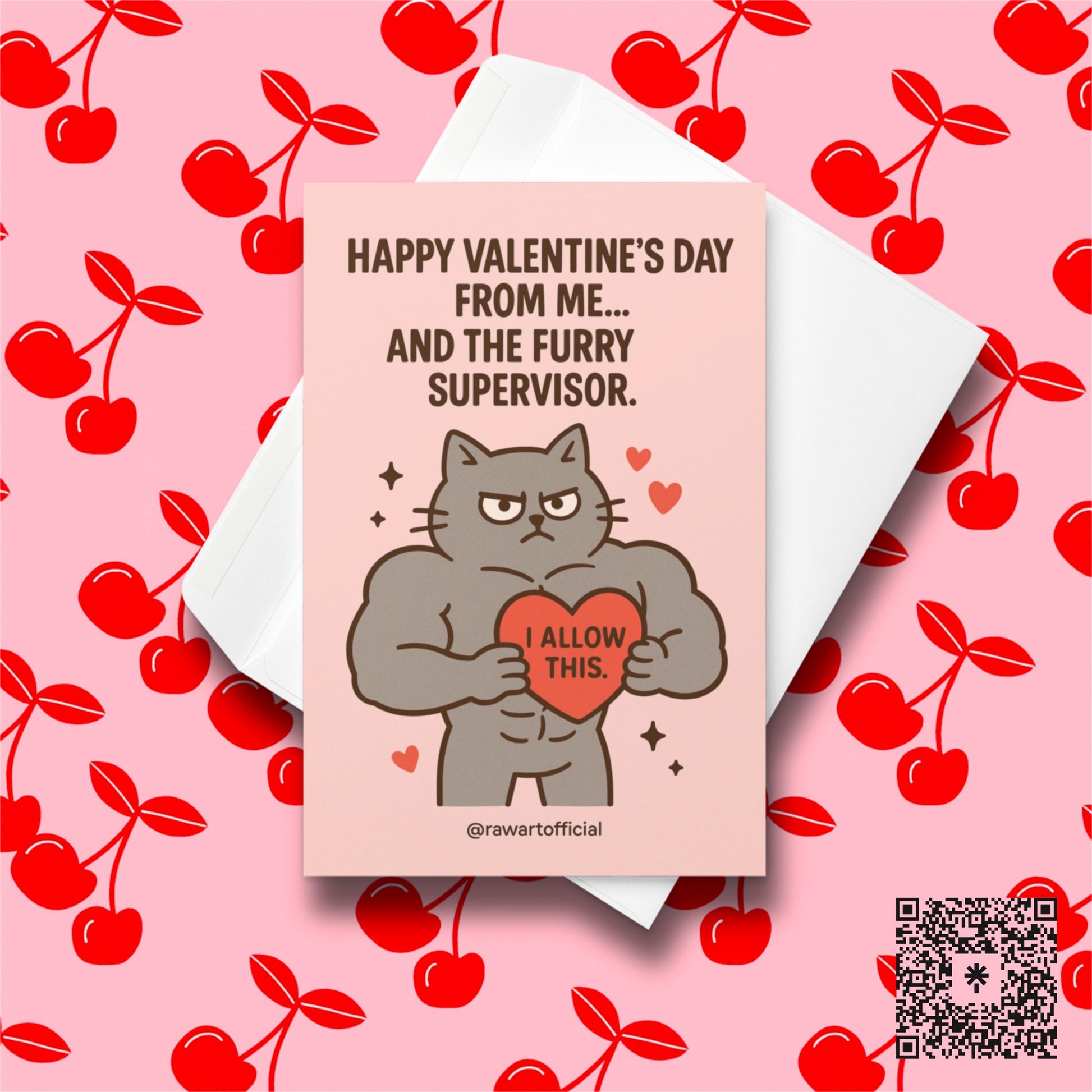 Buff grumpy cat holding a heart labeled “I allow this” on a pink Valentine background.