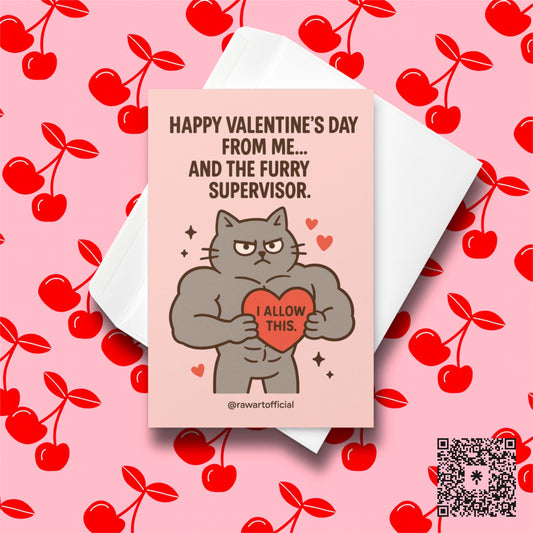 Buff grumpy cat holding a heart labeled “I allow this” on a pink Valentine background.