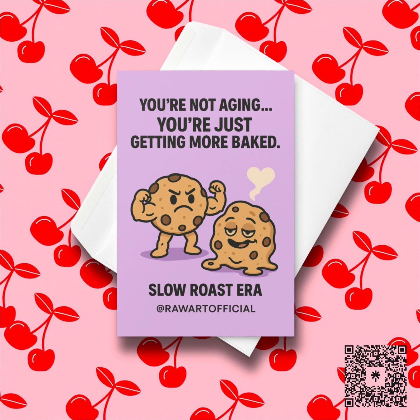 Cartoon buff cookie and melted cookie with heart smoke on purple background, funny stoner birthday card by @rawartofficial.