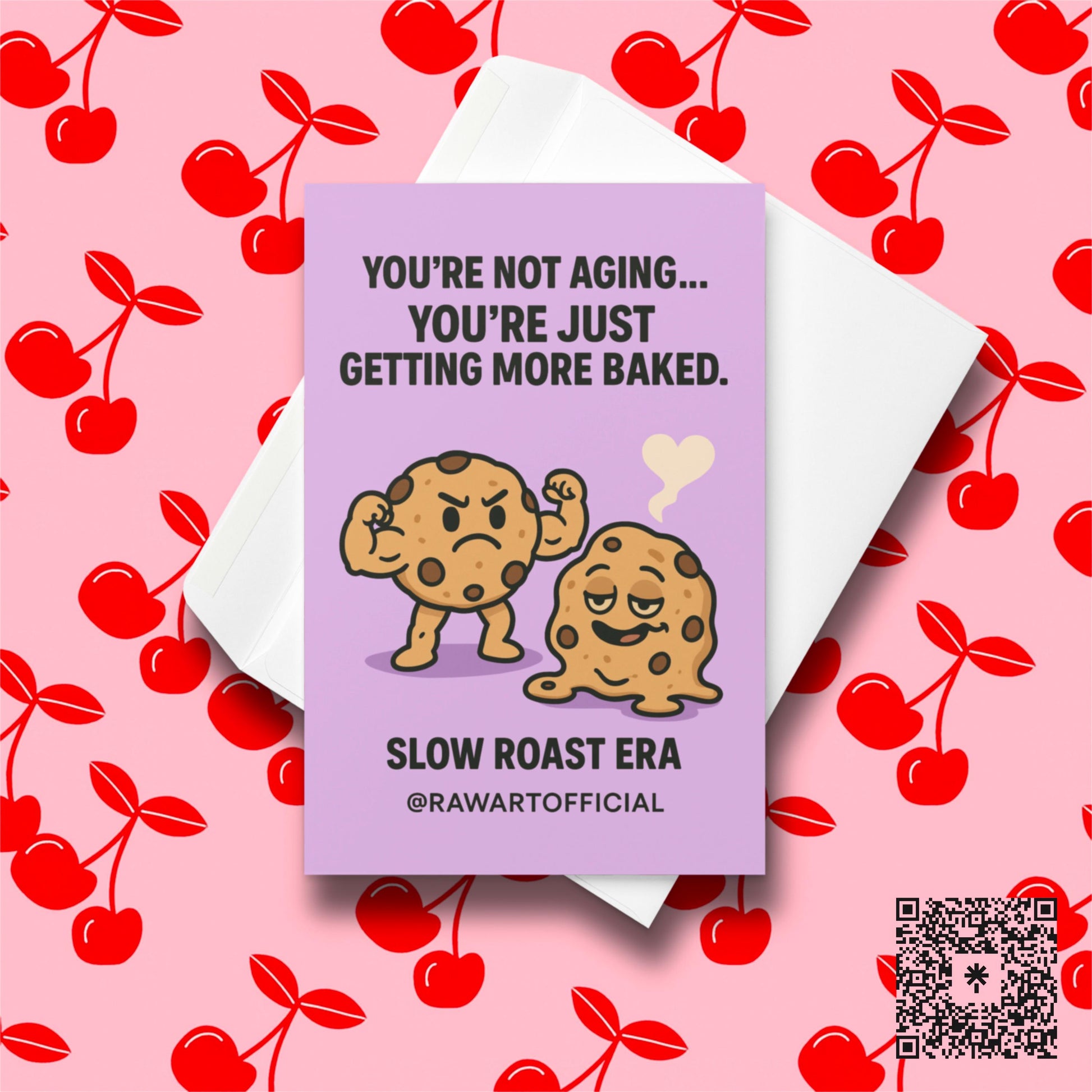 Cartoon buff cookie and melted cookie with heart smoke on purple background, funny stoner birthday card by @rawartofficial.