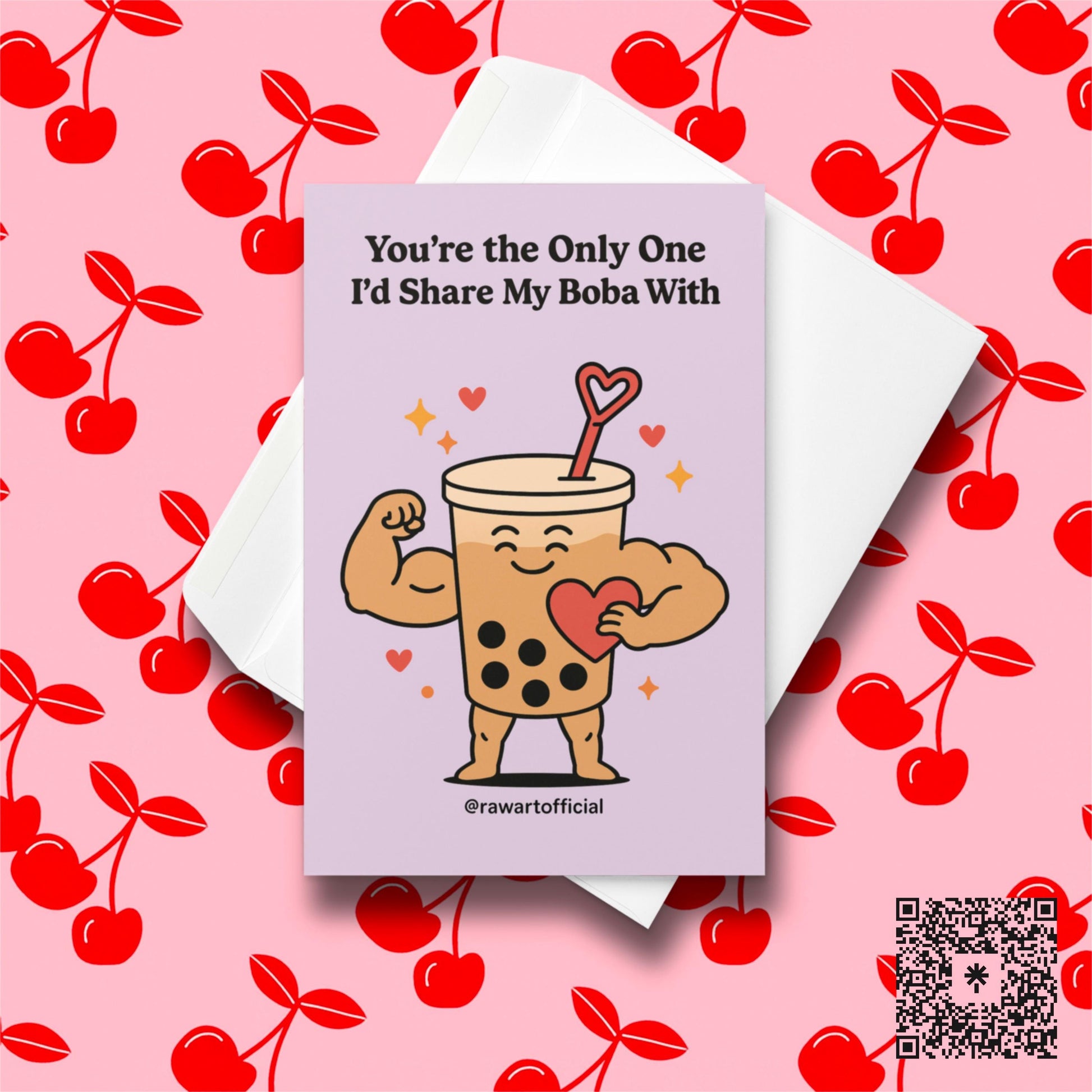 Muscular kawaii boba tea character holding a heart, cute pastel Valentine card by @rawartofficial.