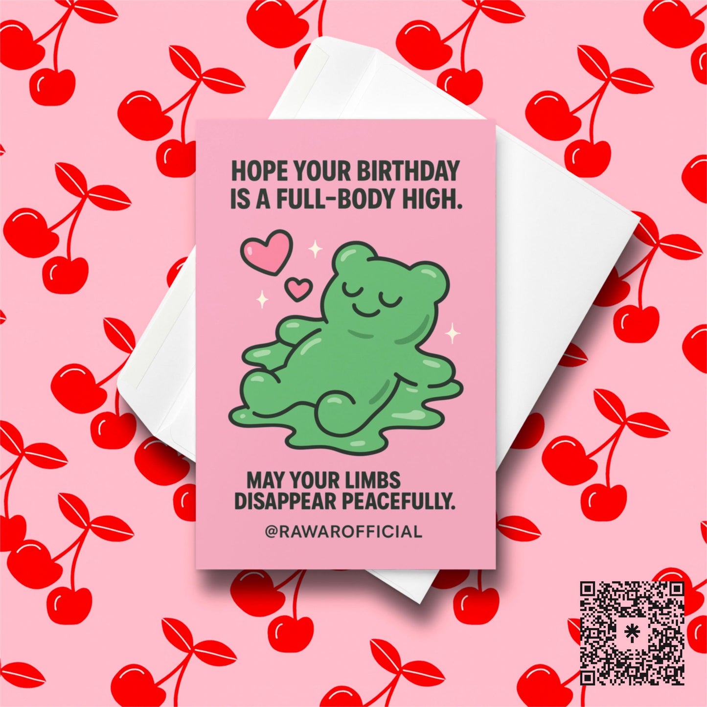 Green melty gummy bear smiling with hearts on pink background, funny stoner birthday card.