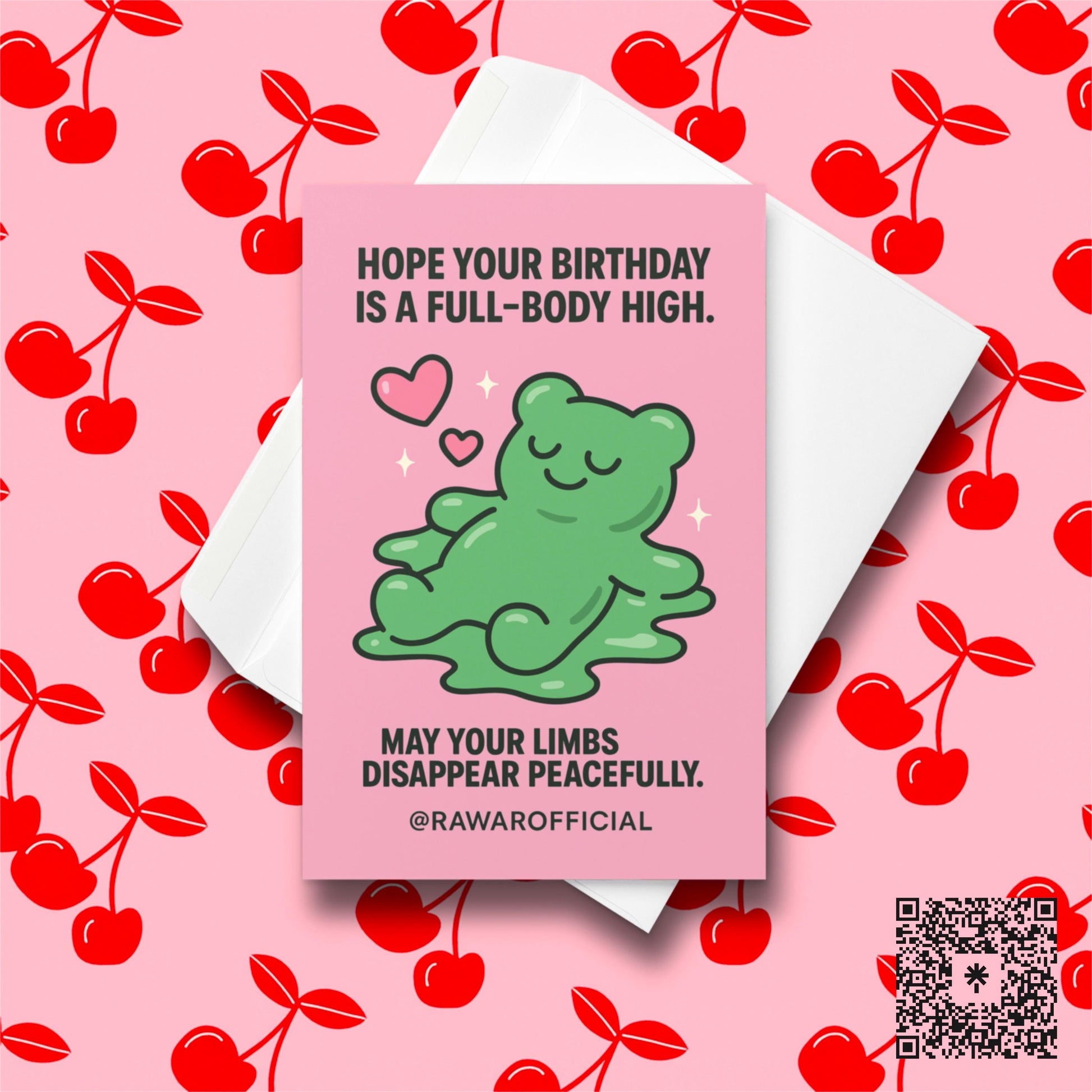 Green melty gummy bear smiling with hearts on pink background, funny stoner birthday card.