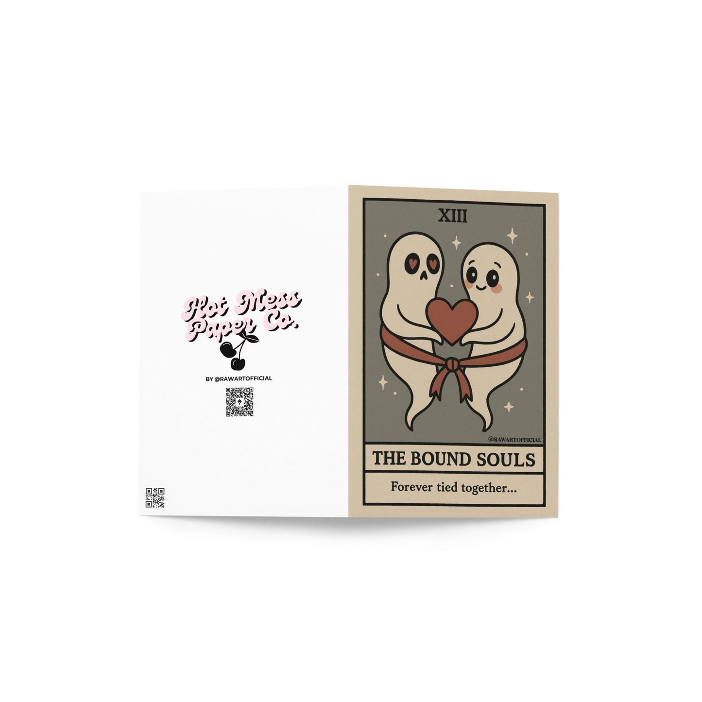 Two ghosts tied with a ribbon holding a heart with text “The Bound Souls – Forever tied together.”