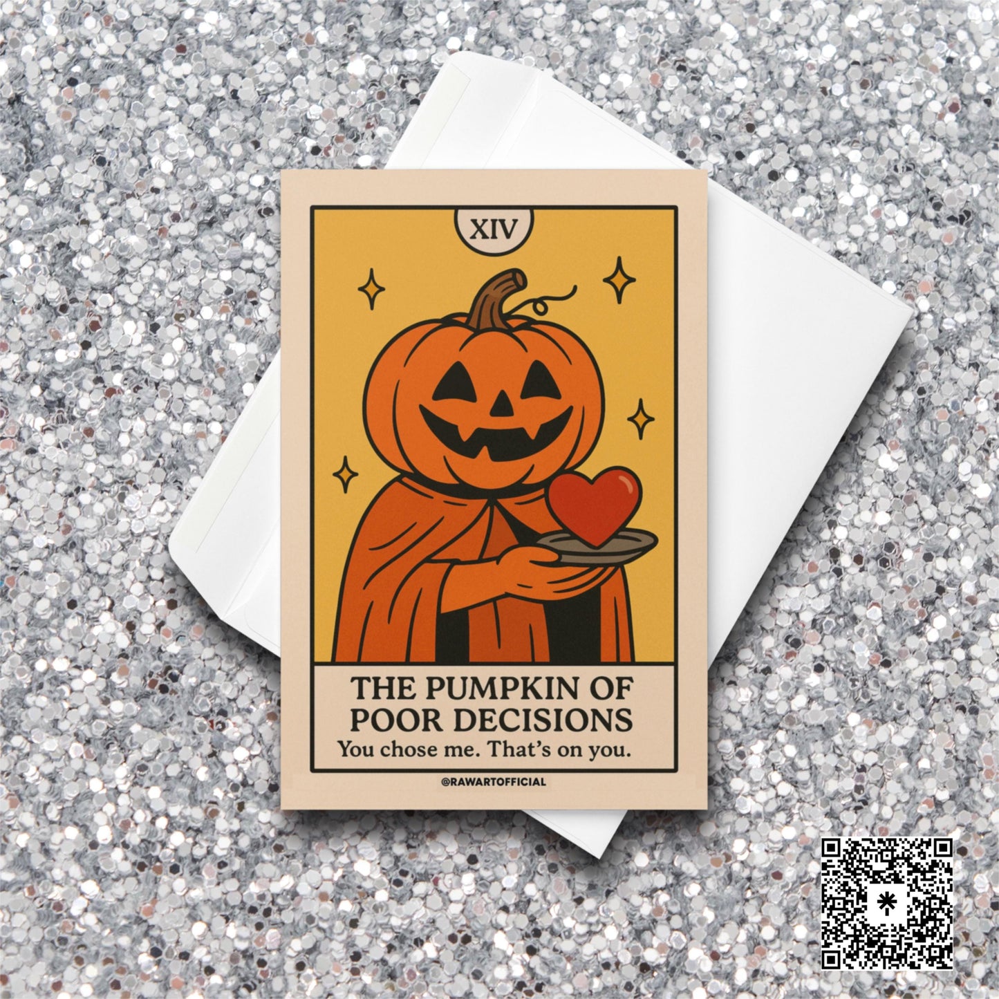Pumpkin tarot character offering a red heart with text “The Pumpkin of Poor Decisions.”