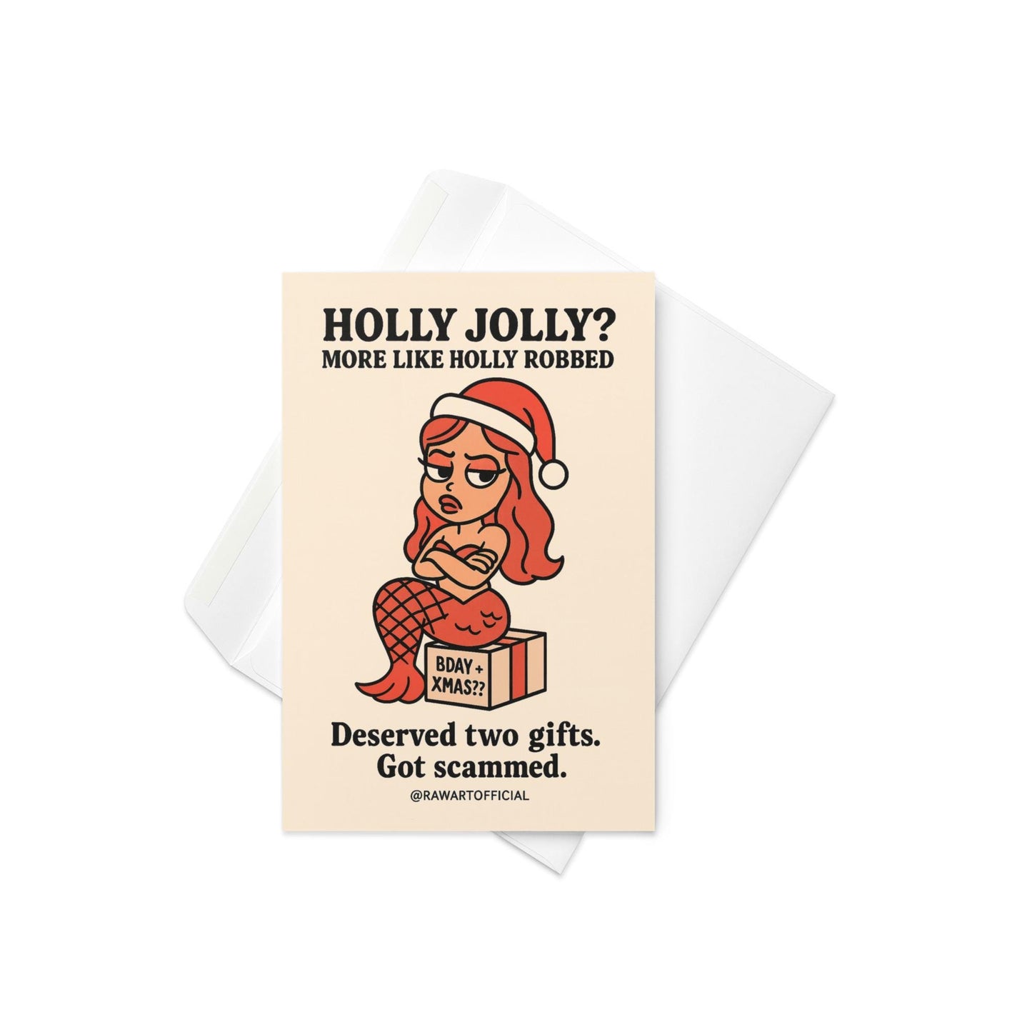 Pisces mermaid in Santa hat sitting on “BDAY + XMAS??” gift with sarcastic holiday birthday text.