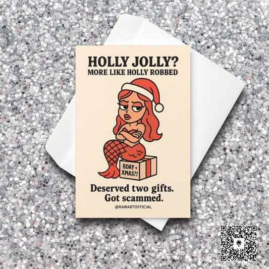 Pisces mermaid in Santa hat sitting on “BDAY + XMAS??” gift with sarcastic holiday birthday text.