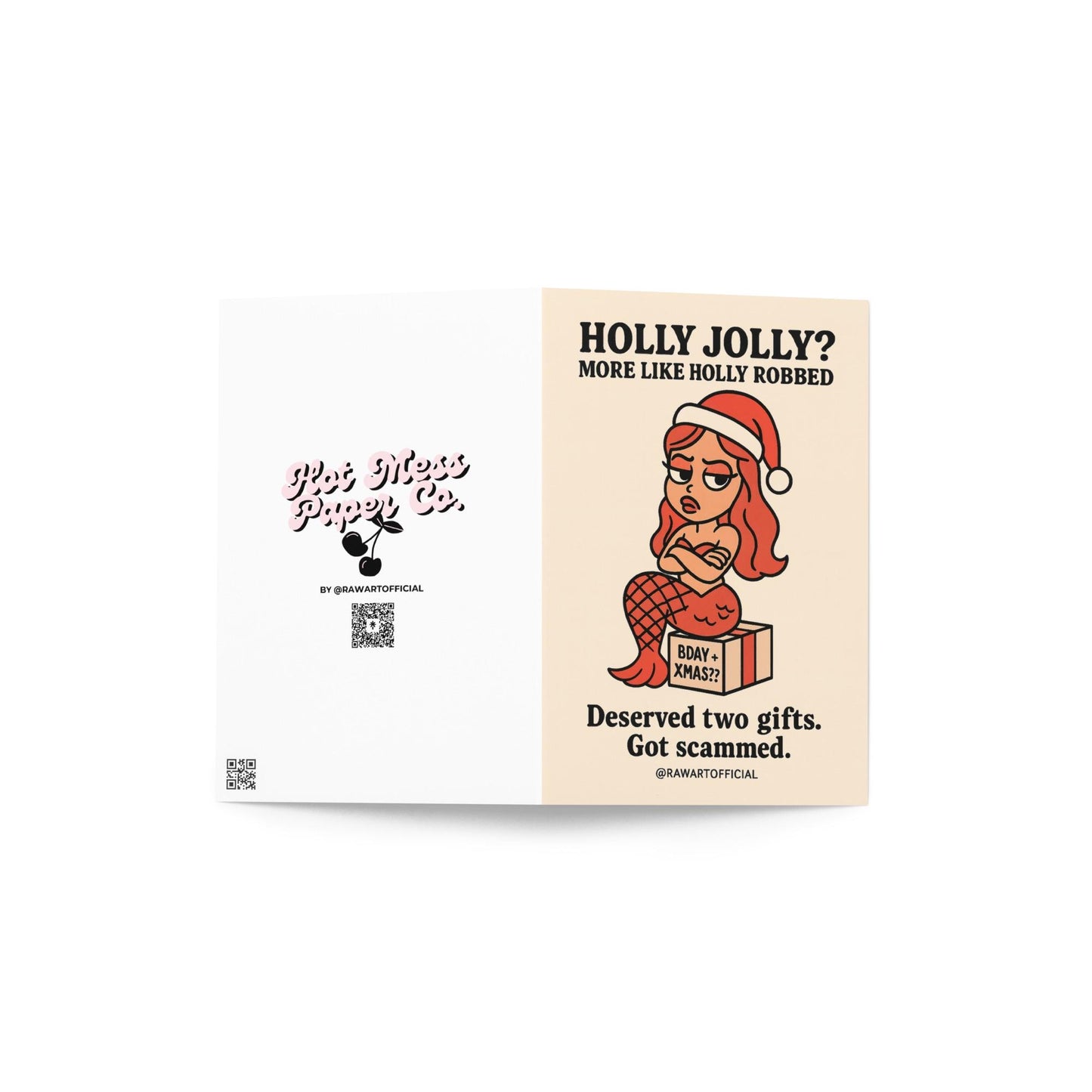 Pisces mermaid in Santa hat sitting on “BDAY + XMAS??” gift with sarcastic holiday birthday text.