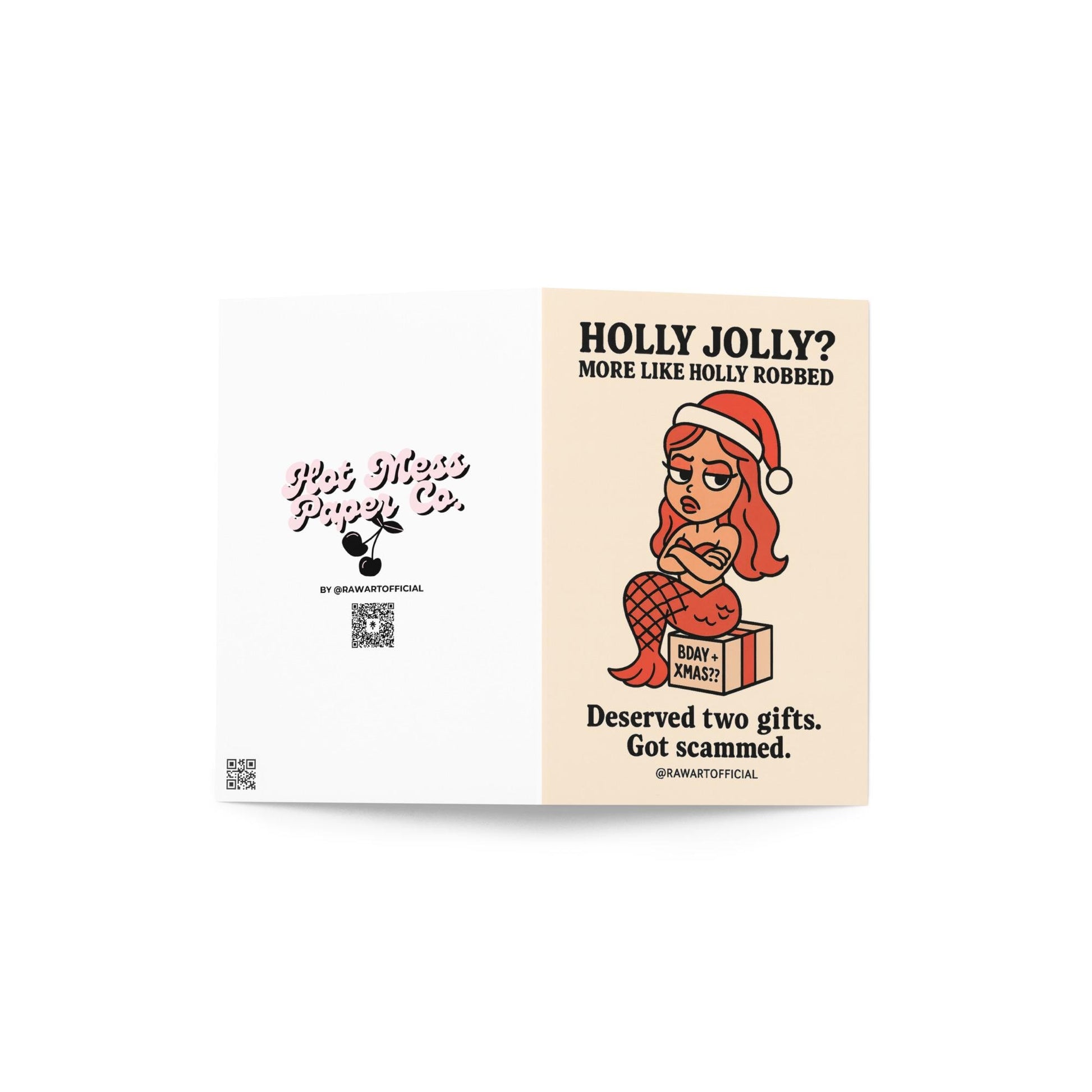 Pisces mermaid in Santa hat sitting on “BDAY + XMAS??” gift with sarcastic holiday birthday text.