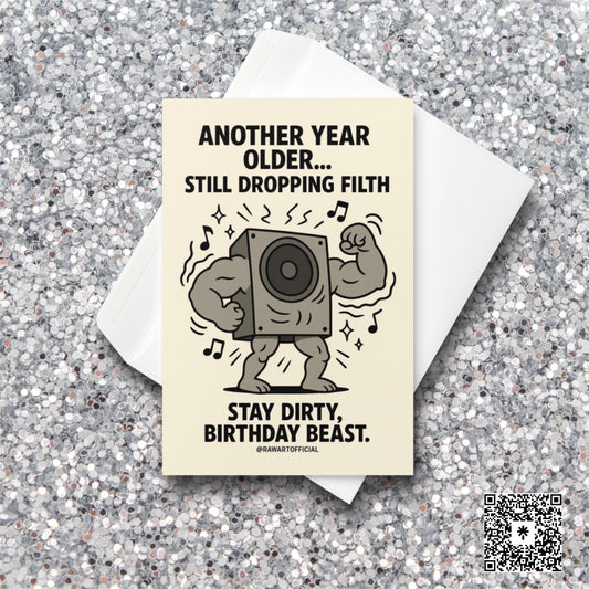 Buff subwoofer flexing with music notes around it and bold text saying “Still Dropping Filth.”