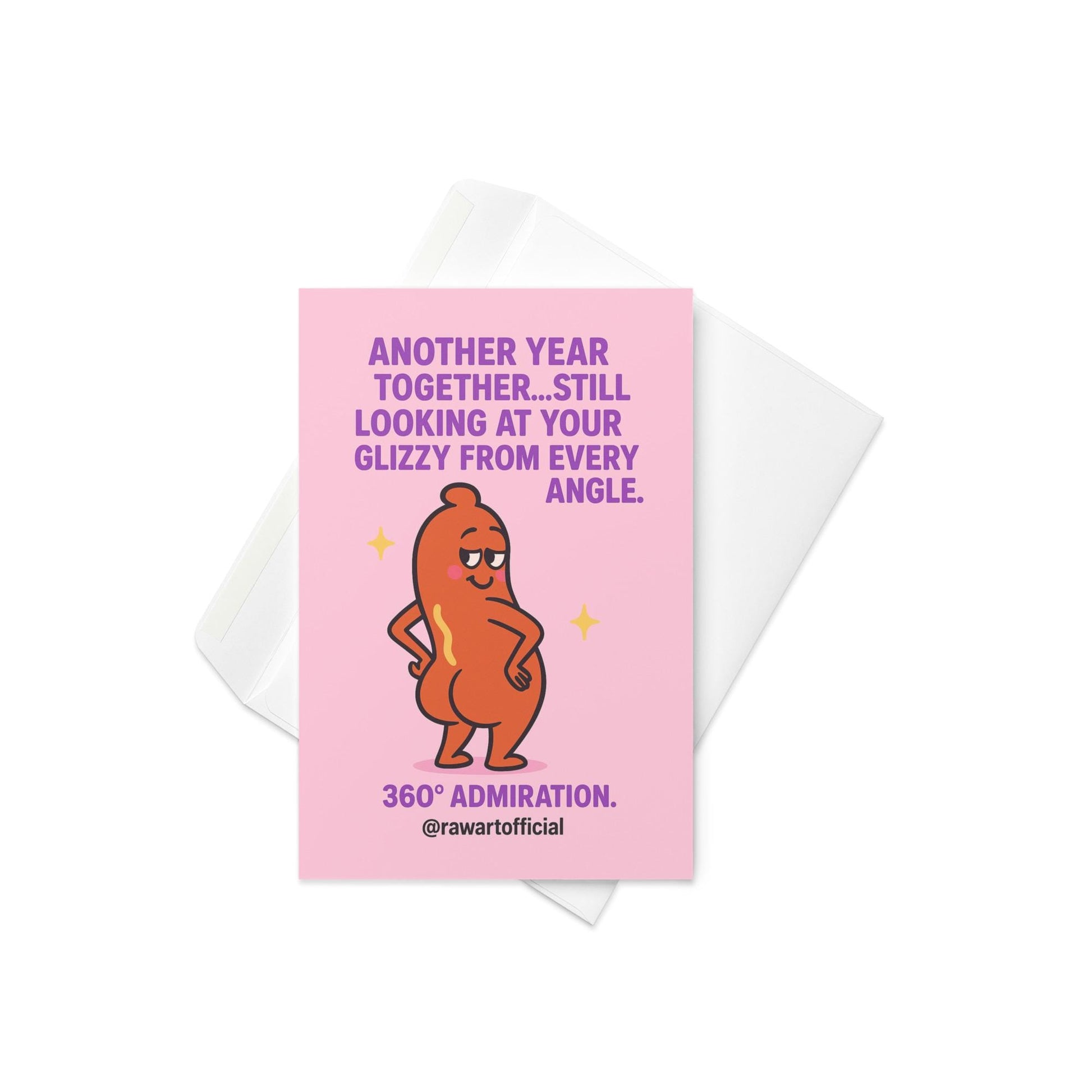 Buff cartoon hot dog posing confidently with sparkles, pink background, funny anniversary message in bold text.