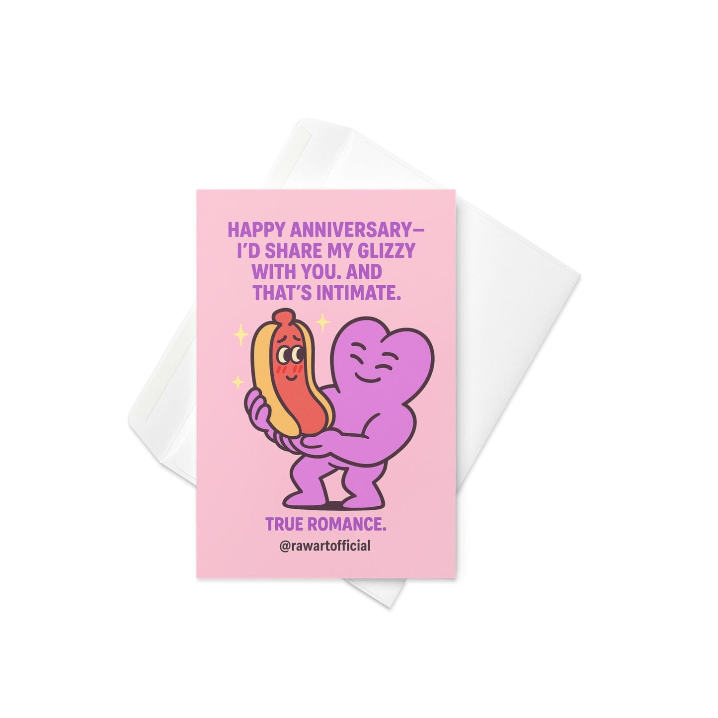 Illustration of a smiling purple heart character gently holding a blushing hot dog character, with romantic sparkles around them and anniversary text above.