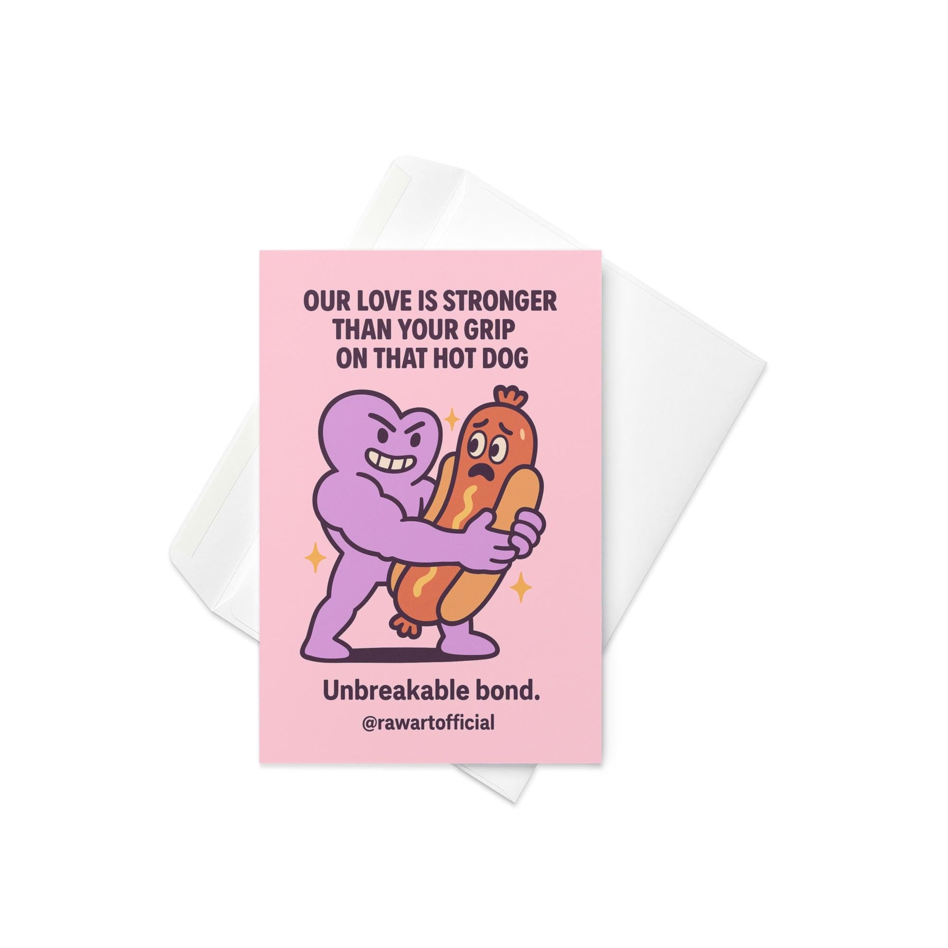 Buff purple heart hugging a scared cartoon hot dog on a pink background, humorous love card by @rawartofficial.