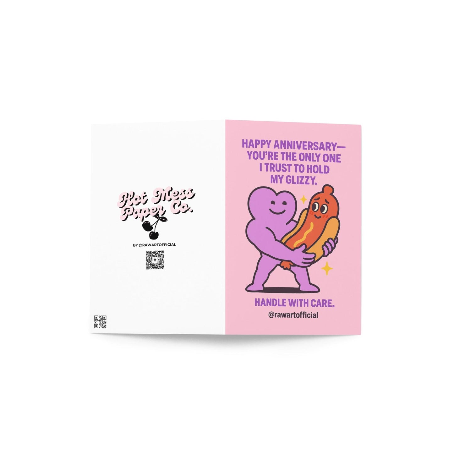 Cute cartoon heart character holding shy hot dog glizzy for funny anniversary card by @rawartofficial.