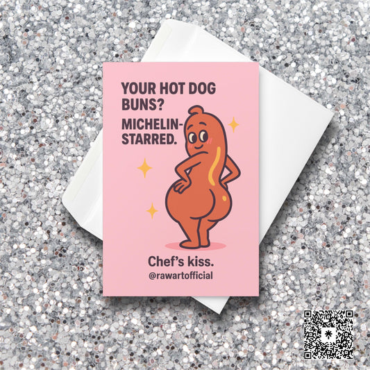 Flirty cartoon hot dog posing with big buns and sparkles on a pink Valentine or Anniversary card.