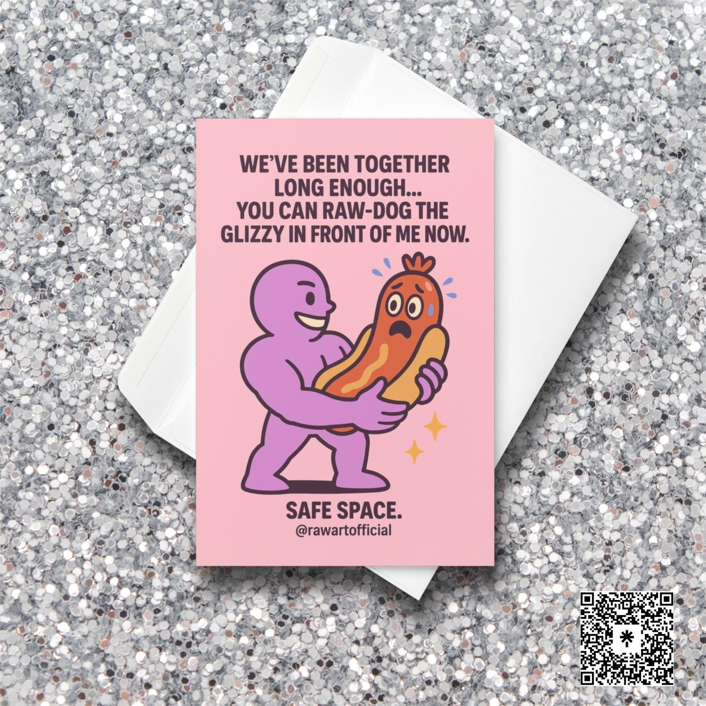 Illustration of a purple buff character holding a worried hot dog in its bun like a romantic gesture, with bold anniversary text above.
