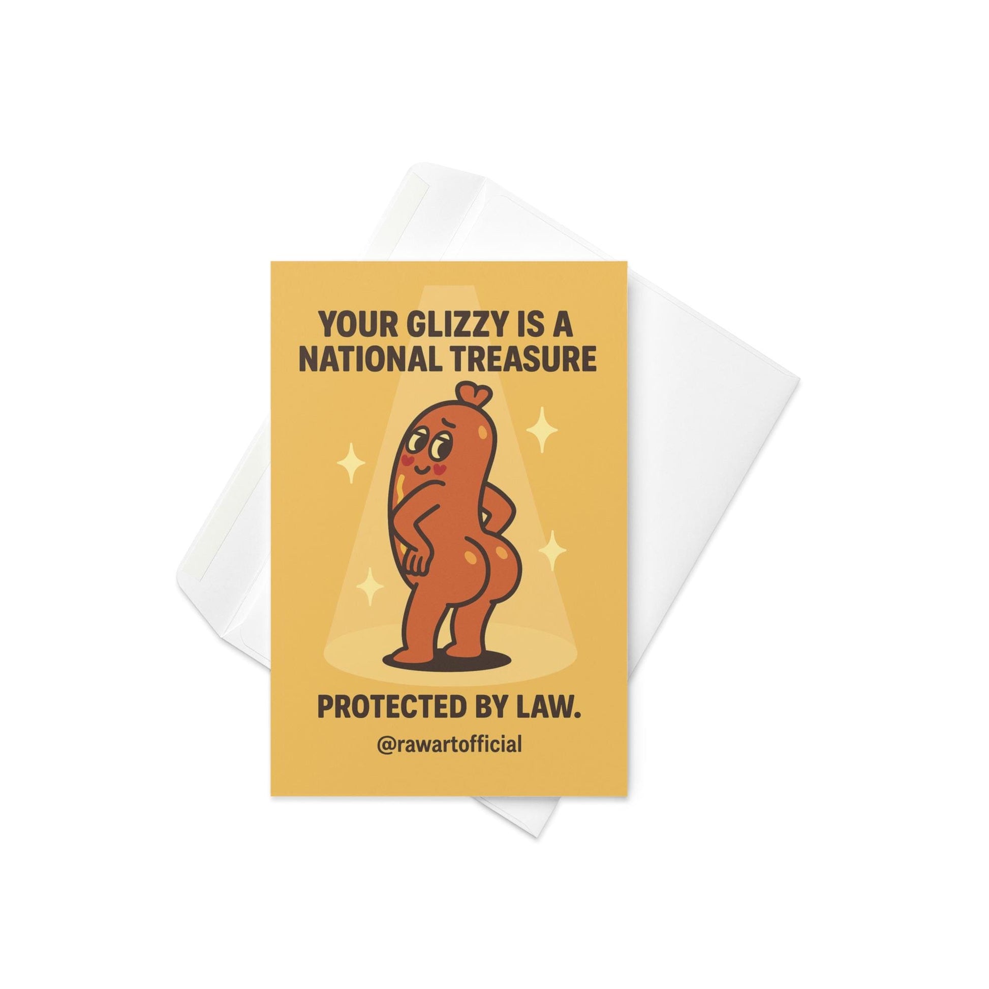 Funny anniversary card with a posing cartoon hot dog under a spotlight, celebrating buns as a national treasure.