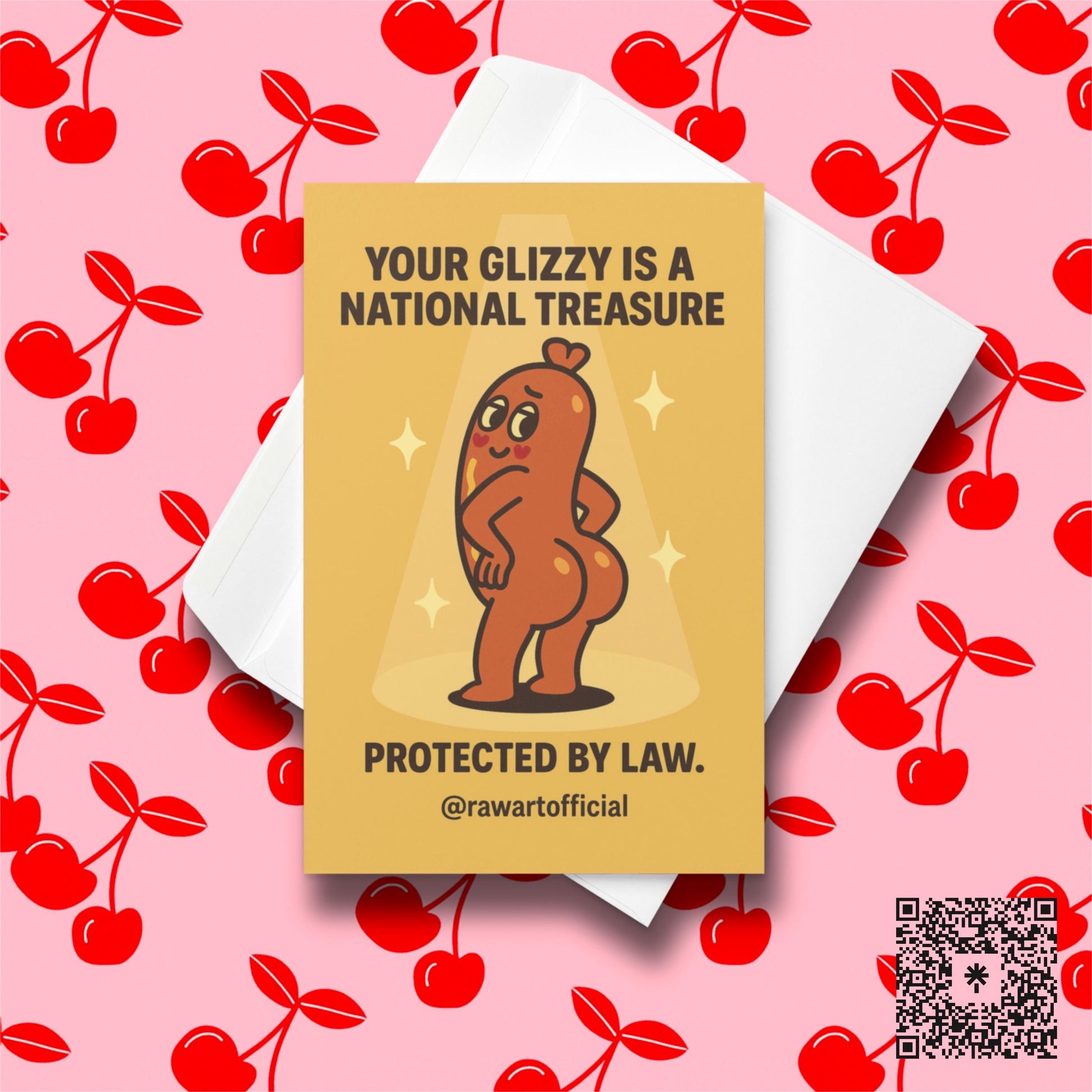 Funny anniversary card with a posing cartoon hot dog under a spotlight, celebrating buns as a national treasure.