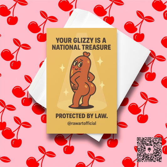 Funny anniversary card with a posing cartoon hot dog under a spotlight, celebrating buns as a national treasure.