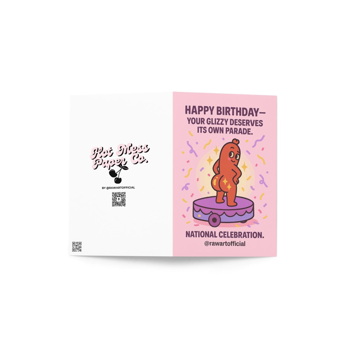 Funny birthday card with a cartoon hot dog character standing on a parade float surrounded by confetti and sparkles