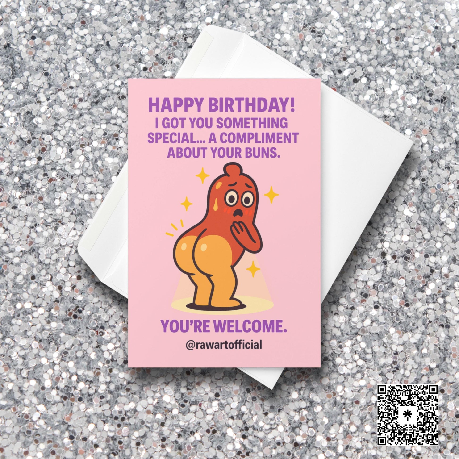Funny birthday card featuring a cute cartoon hot dog character with shiny buns, playful compliment text, and pink background.