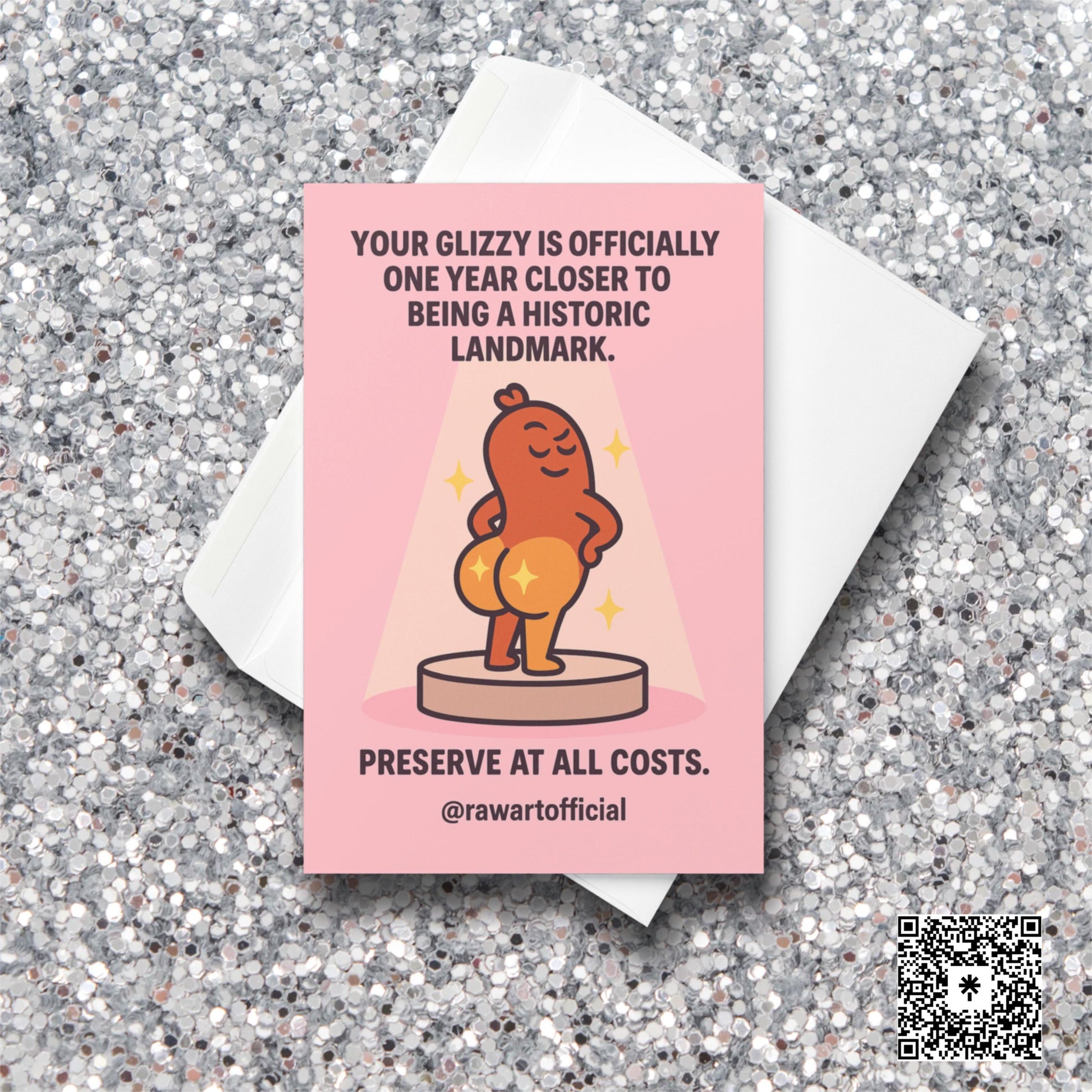 Funny birthday card with cartoon hot dog glizzy displayed like a historic landmark on a pink background