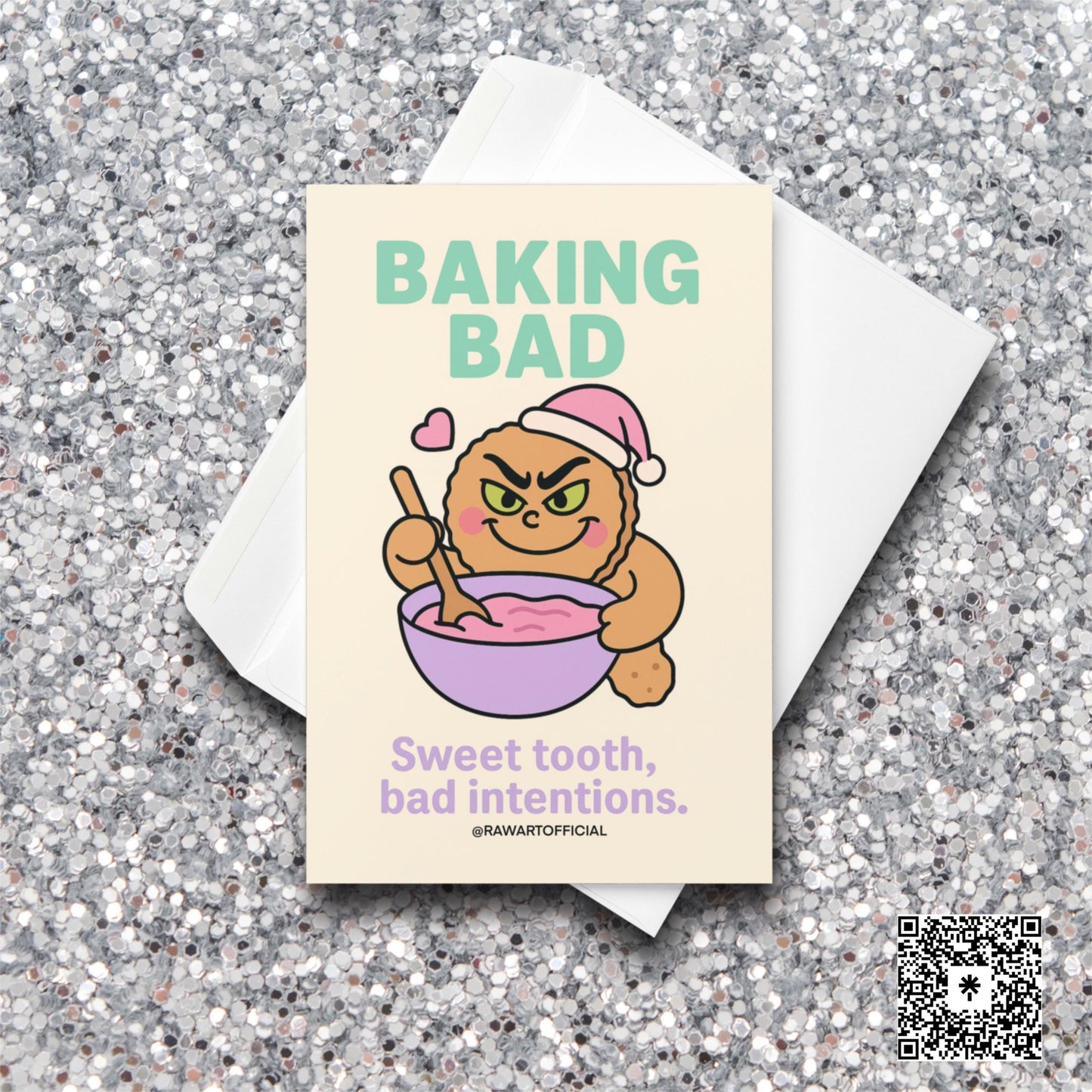 Gingerbread character in Santa hat mixing frosting with “Baking Bad” Breaking Bad pun text.