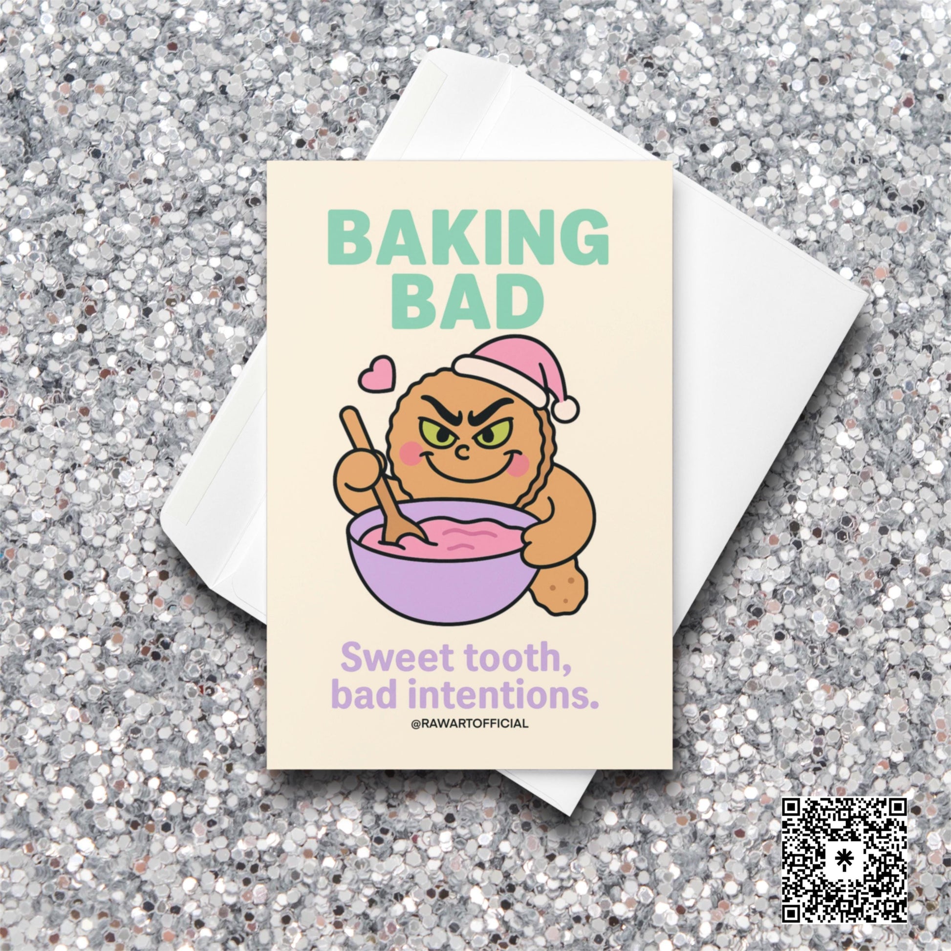 Gingerbread character in Santa hat mixing frosting with “Baking Bad” Breaking Bad pun text.
