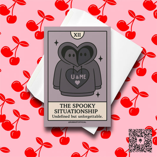 Two hooded ghosts sharing a hoodie with “U & ME” heart, spooky situationship tarot-style design.