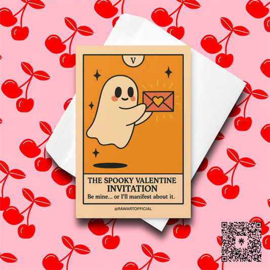 Cute ghost delivering a glowing love letter with “Be mine… or I’ll manifest about it” tarot-style design.