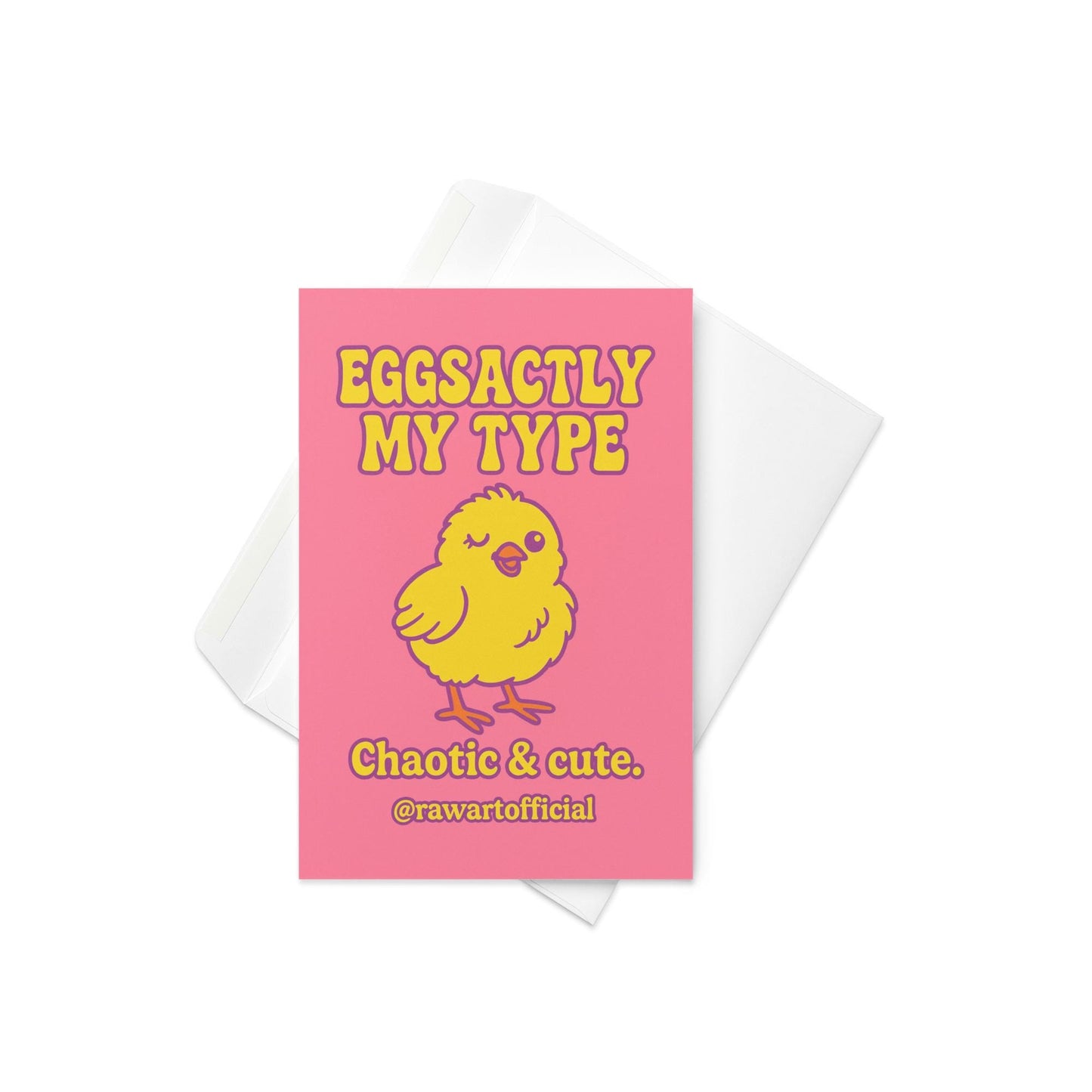 pink easter love card with winking yellow chick and eggsactly my type pun flirty chaotic humor