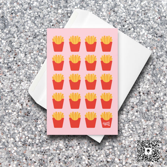 Pattern of red fry boxes on pink background, cute minimalist french fry Valentine card.