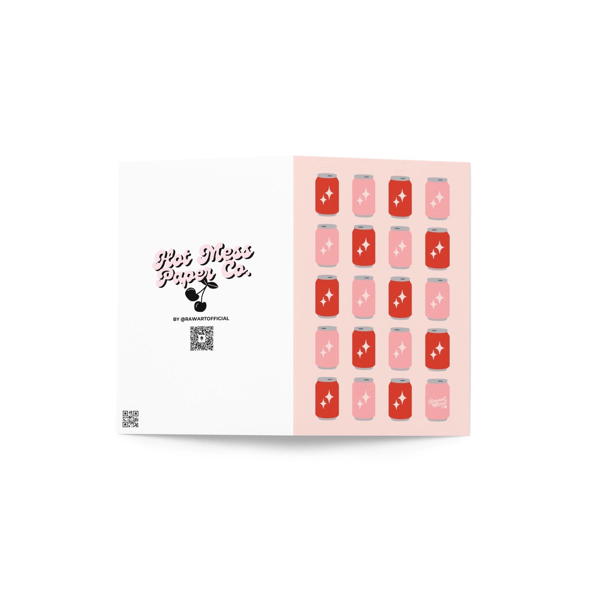 Pink and red soda can pattern with sparkles in a retro pop-art Valentine card design.