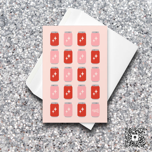Pink and red soda can pattern with sparkles in a retro pop-art Valentine card design.