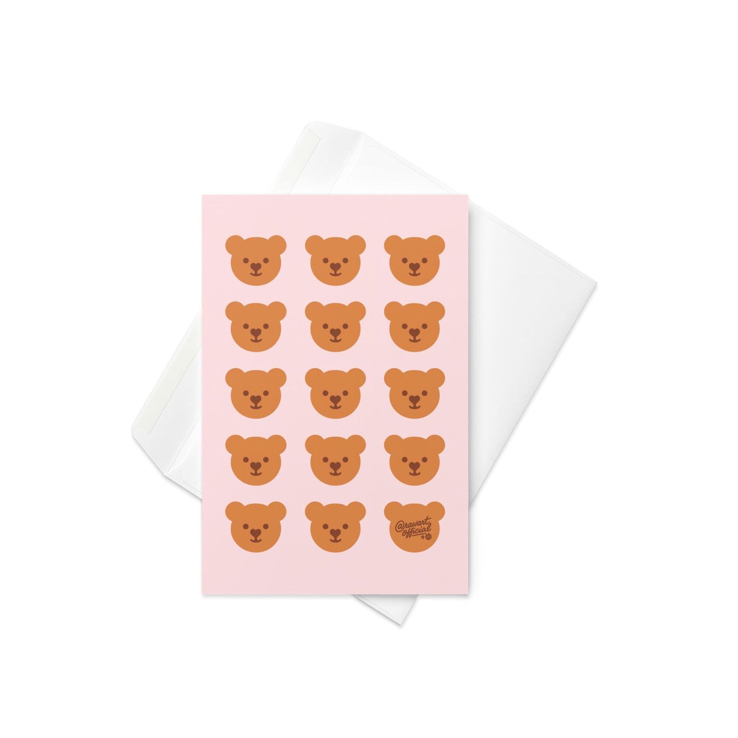 Pink card with repeating kawaii teddy bear faces in rows, one signed @rawartofficial.