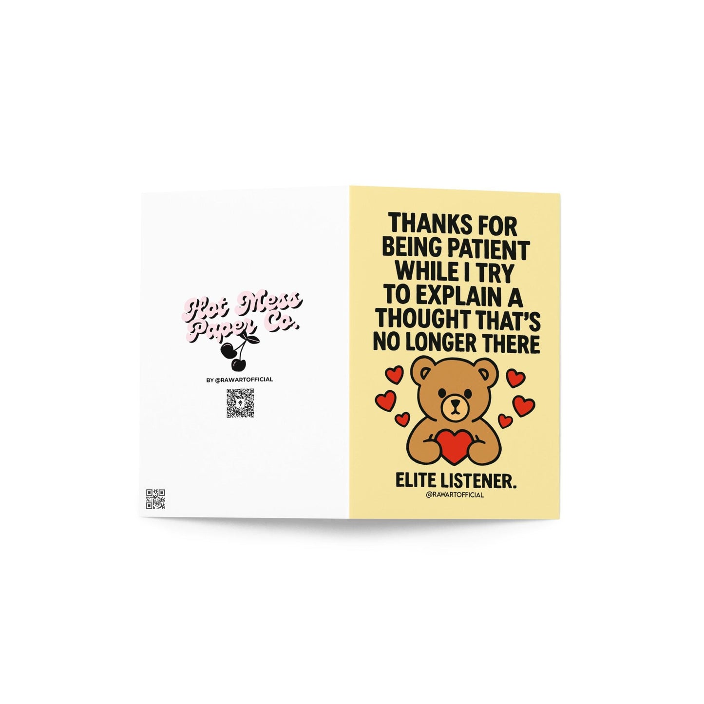 Cute teddy bear holding a red heart surrounded by hearts with text thanking someone for patience during ADHD thought loss.