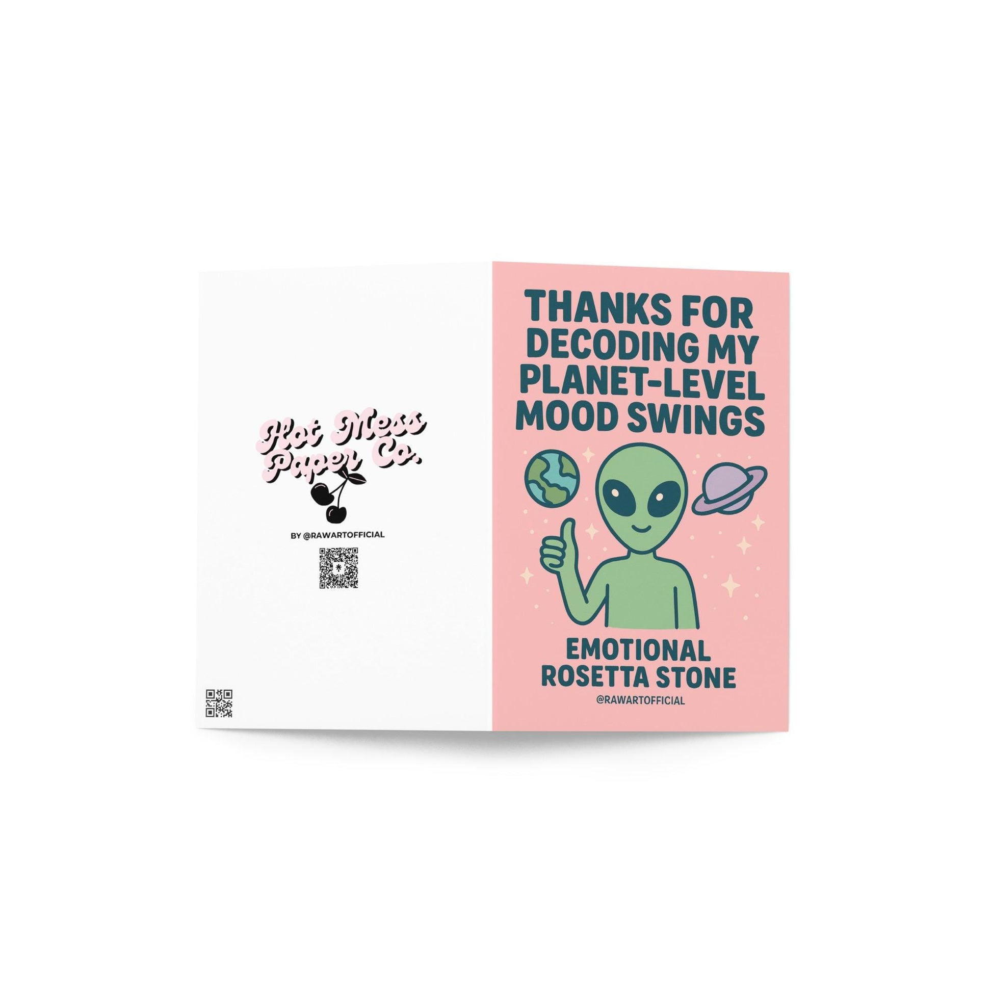 Cute alien holding thumbs-up with planets, funny mood swing Valentine’s Day card design.
