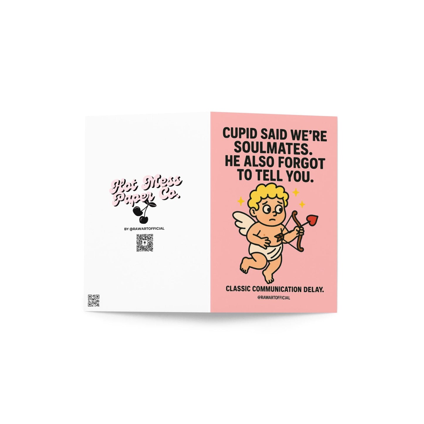 Cute anxious cupid holding heart arrow on pink background with funny soulmate communication quote.
