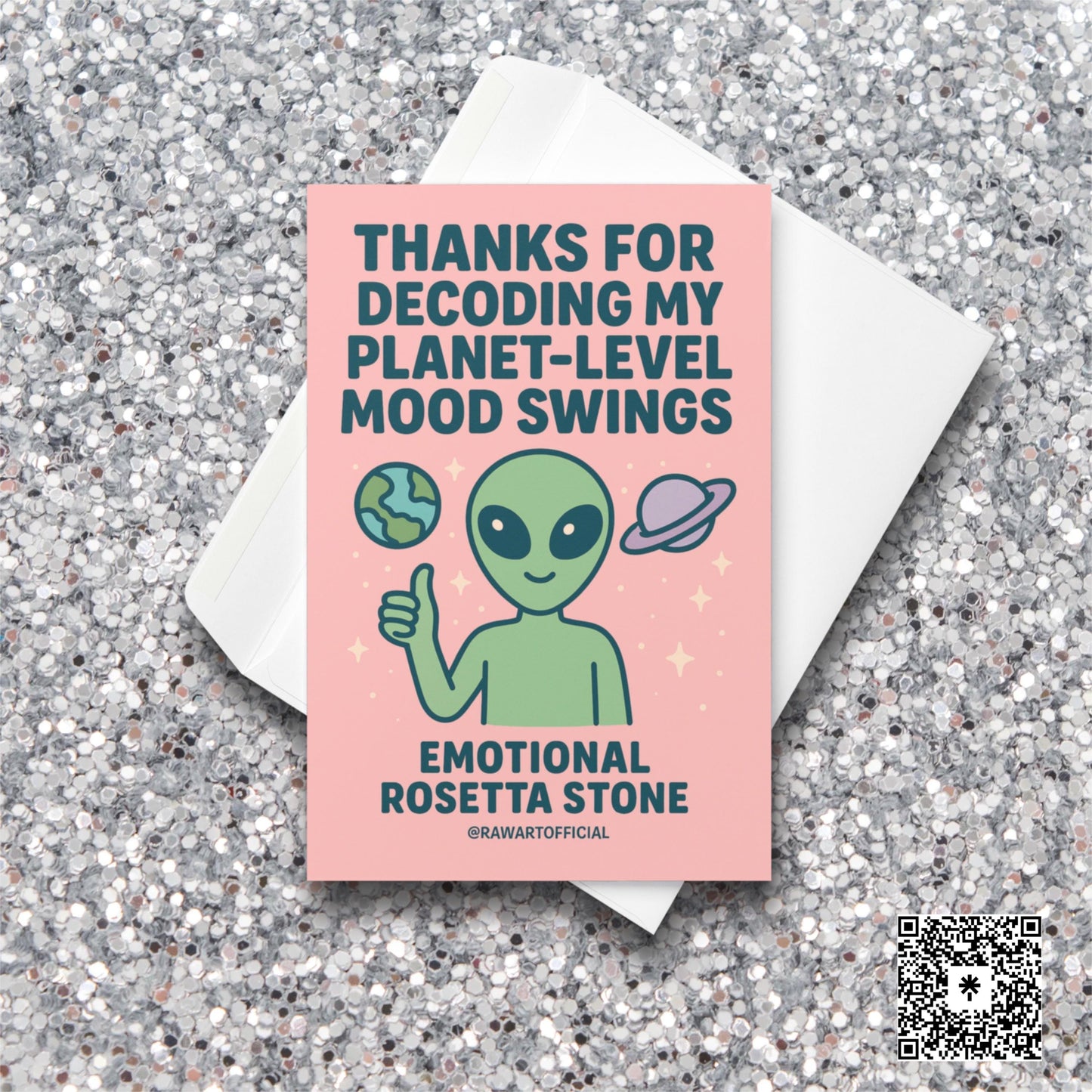 Cute alien holding thumbs-up with planets, funny mood swing Valentine’s Day card design.