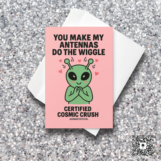Cute green alien blushing with wiggling antennas and hearts on pink background, valentine card art.