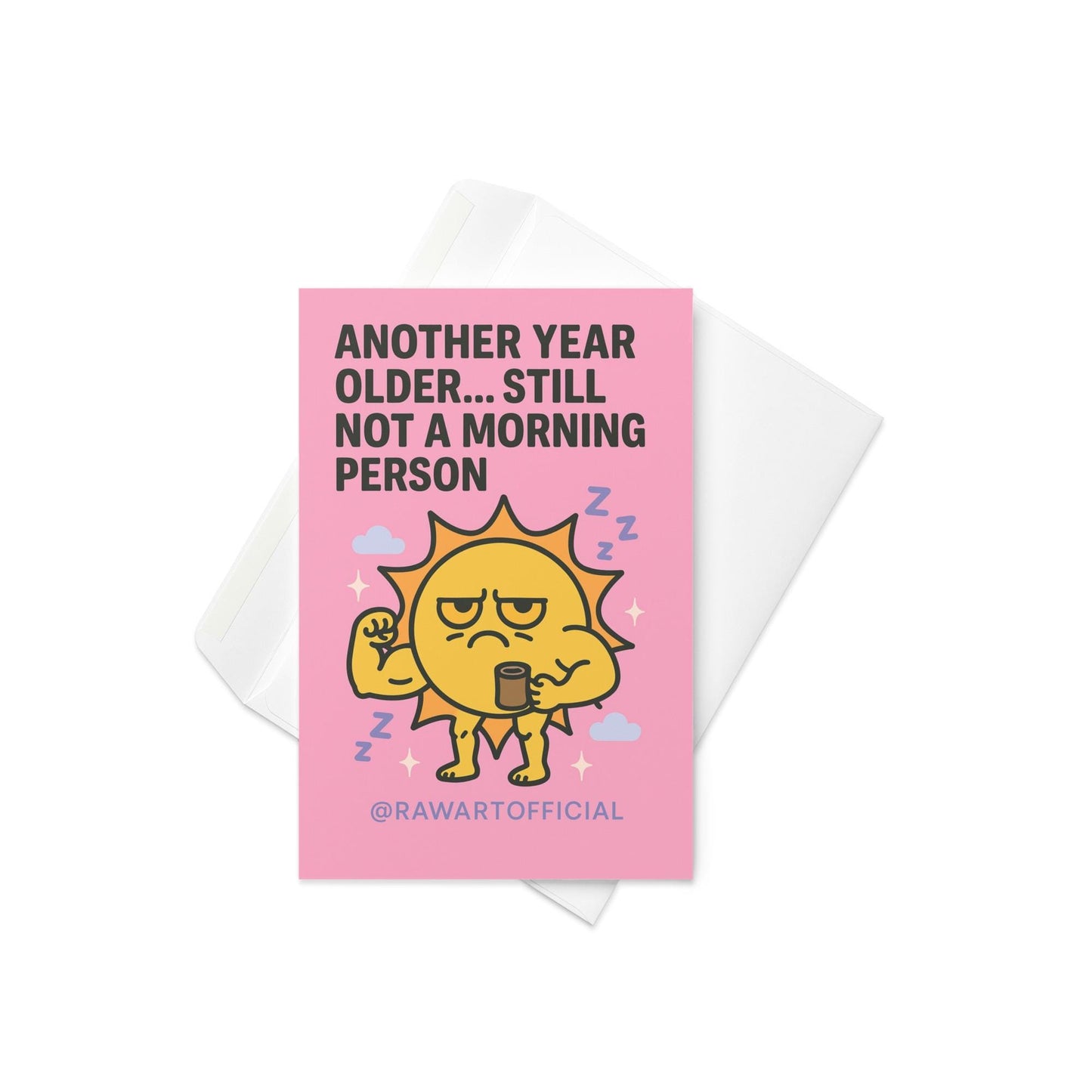 Grumpy muscular sun holding coffee, surrounded by clouds and sparkles on a pink birthday card.