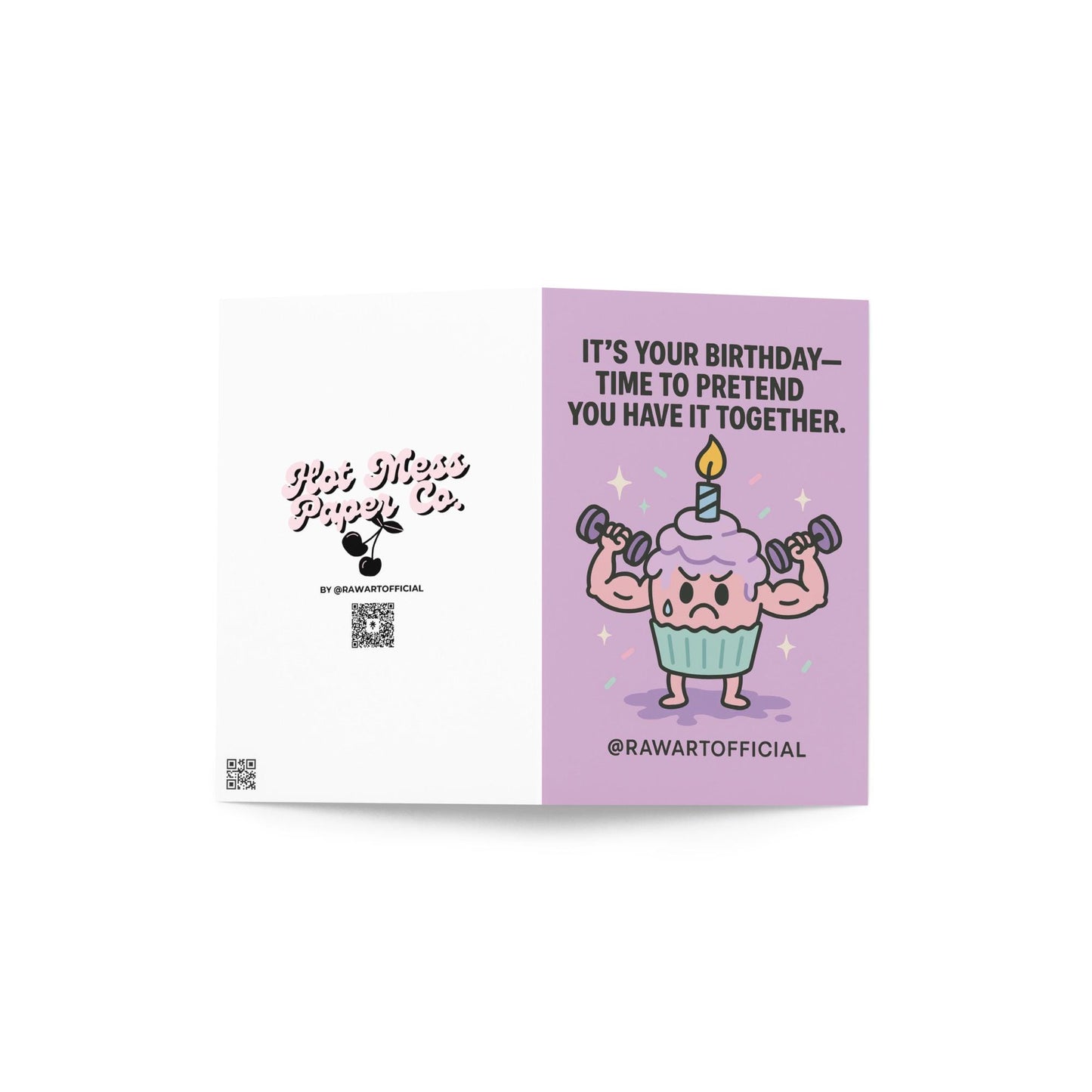 Funny birthday card with muscle cupcake lifting weights and sweating under a birthday candle.
