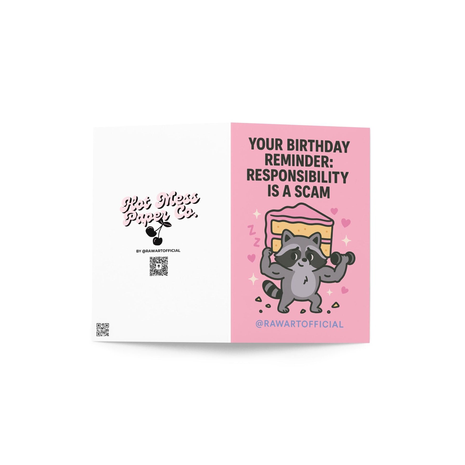 Funny pink birthday card with a cute muscular raccoon lifting cake and text “Responsibility is a scam.”