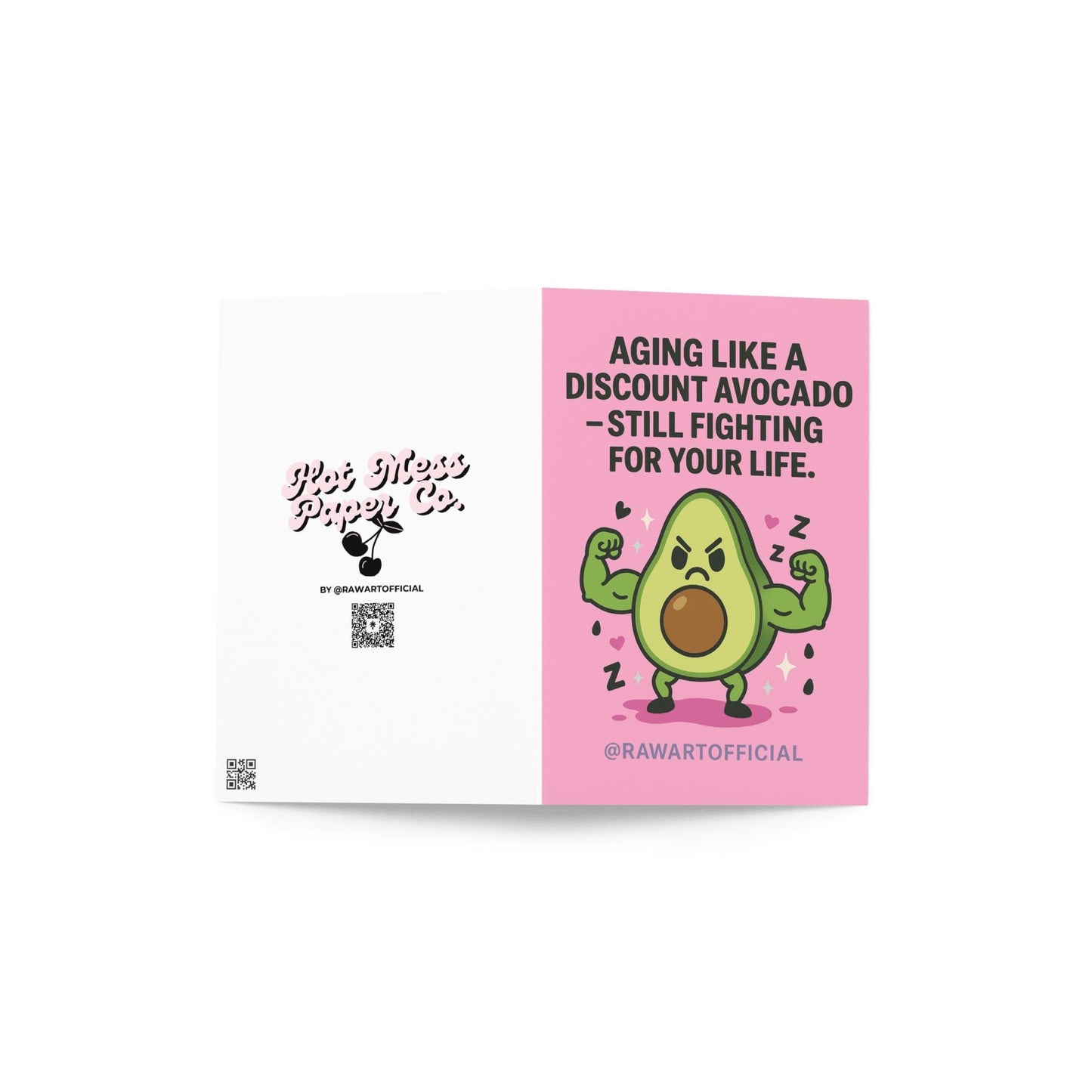 “Funny avocado birthday card featuring a muscular cartoon avocado flexing with a grumpy face on a pink background, illustrated by @rawartofficial.”
