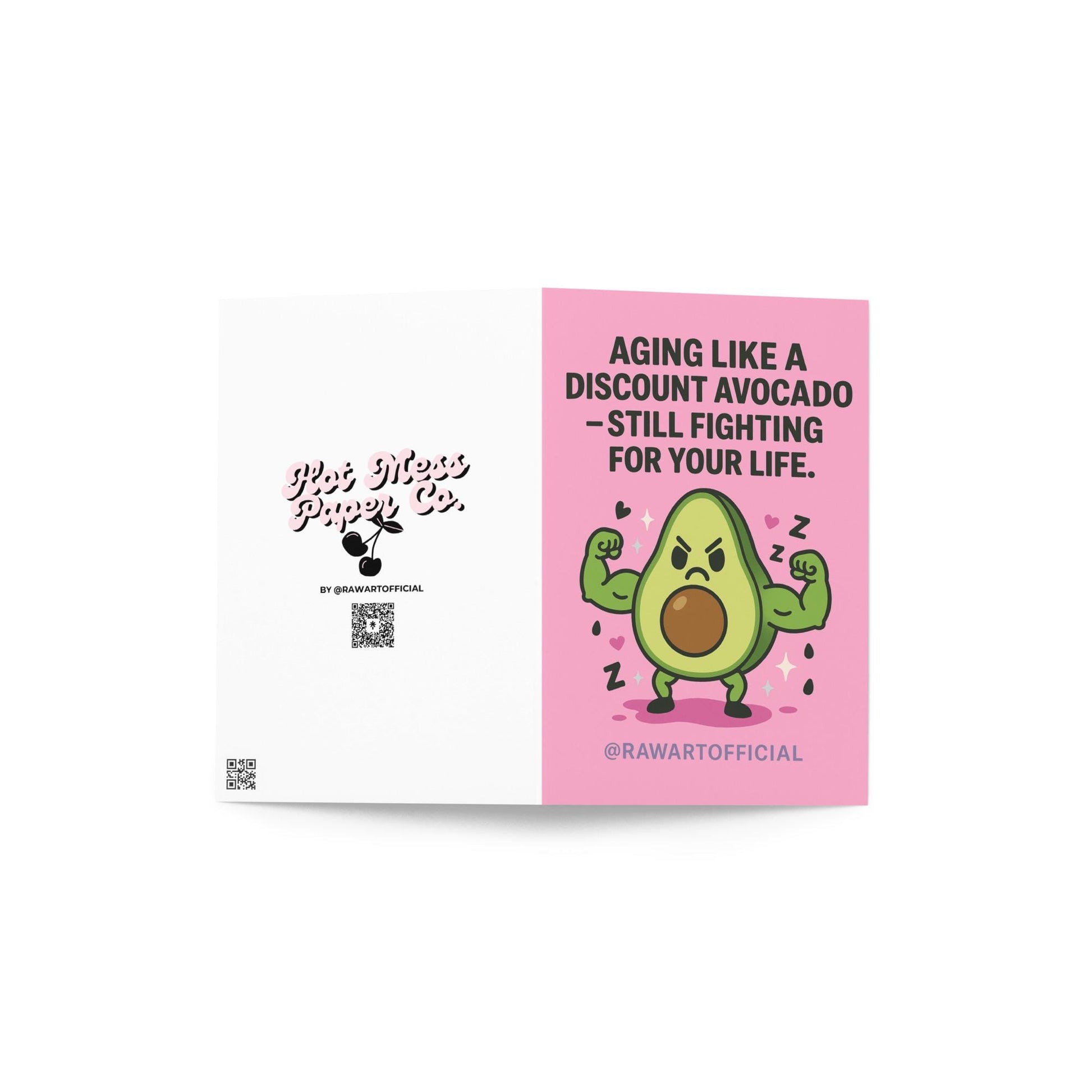 “Funny avocado birthday card featuring a muscular cartoon avocado flexing with a grumpy face on a pink background, illustrated by @rawartofficial.”