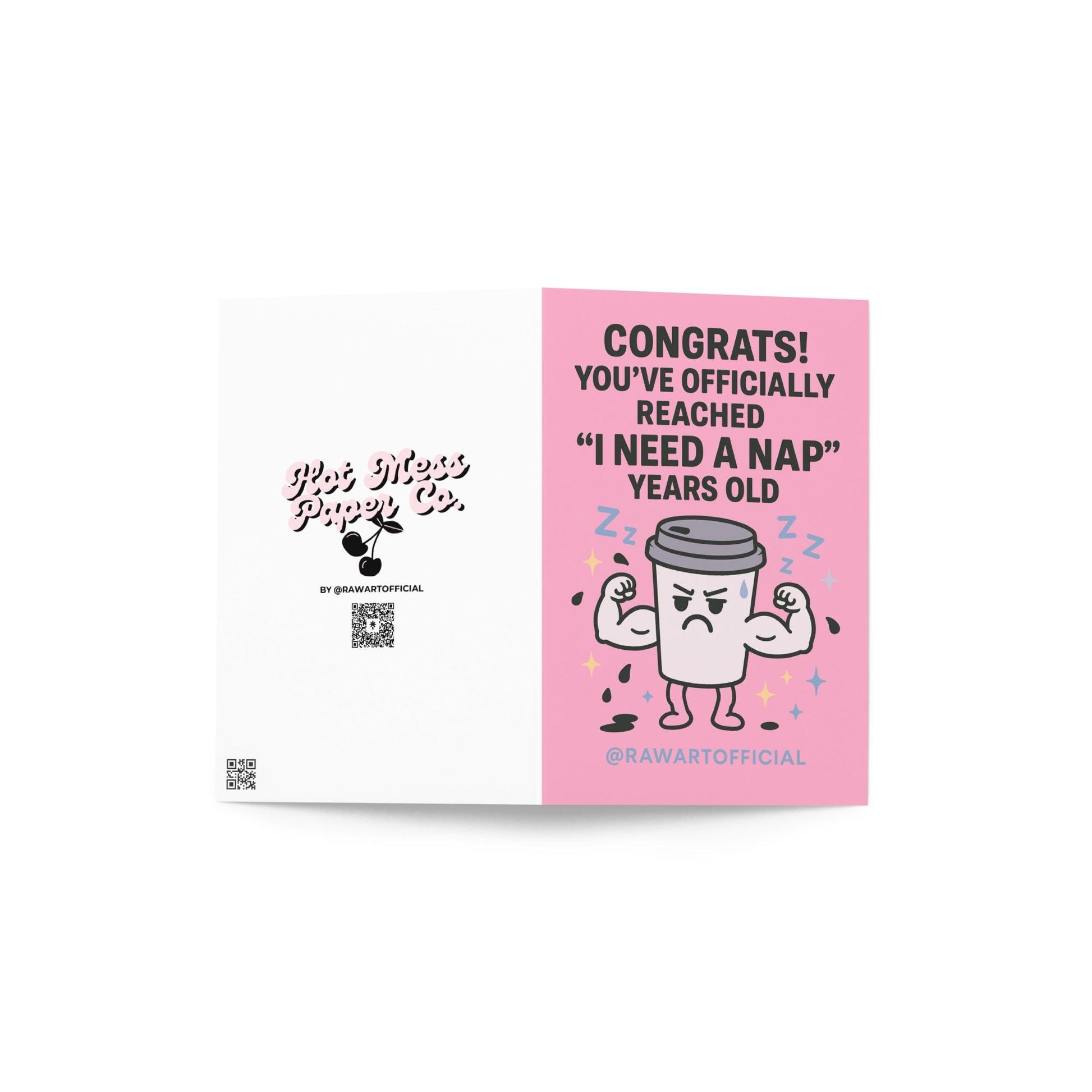 Funny birthday card with muscular coffee cup flexing and the text “I Need a Nap Years Old.”